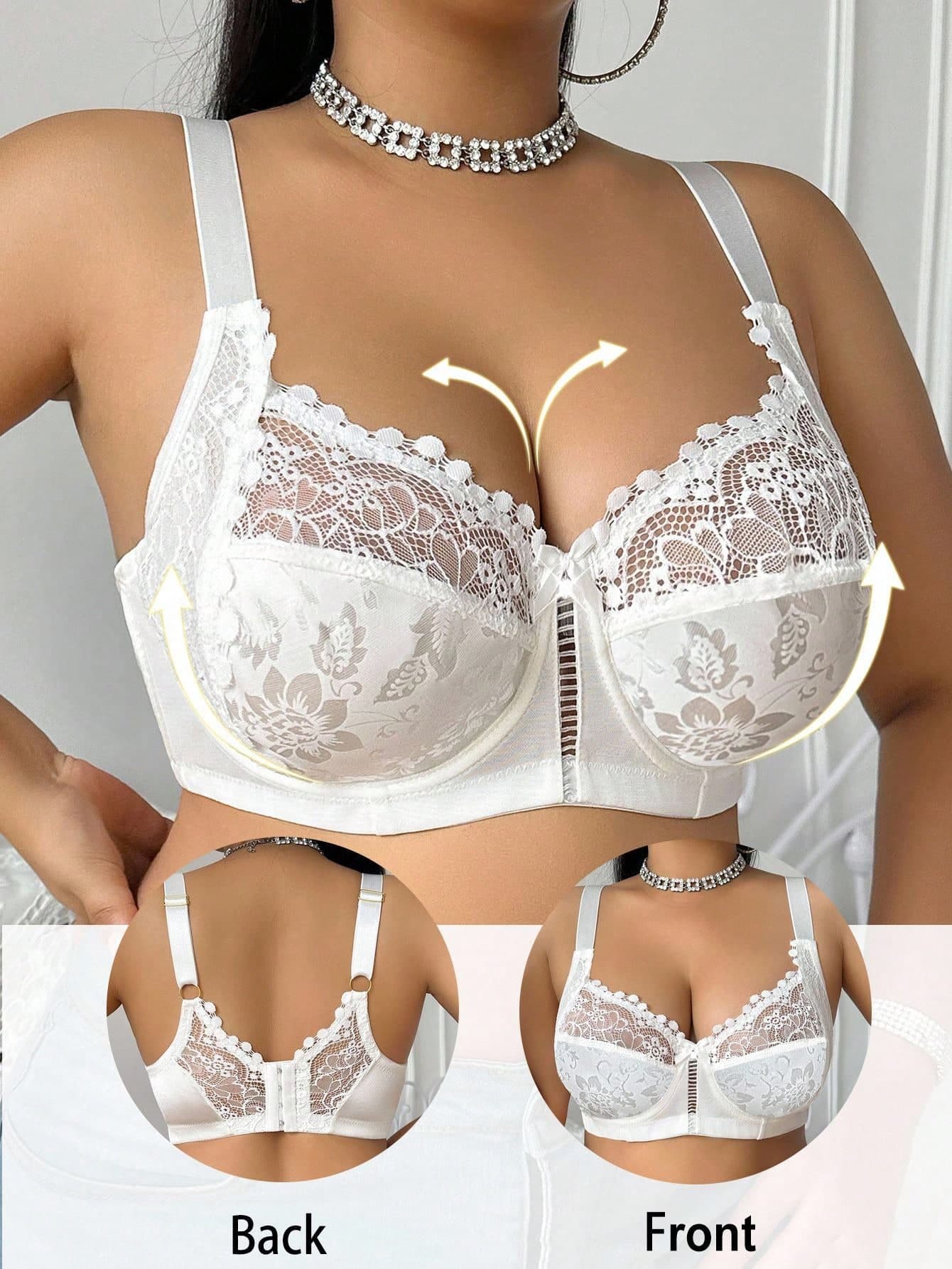 DesireSculpt 1pc Plus Size Lace Patchwork Underwire Bra, Lift