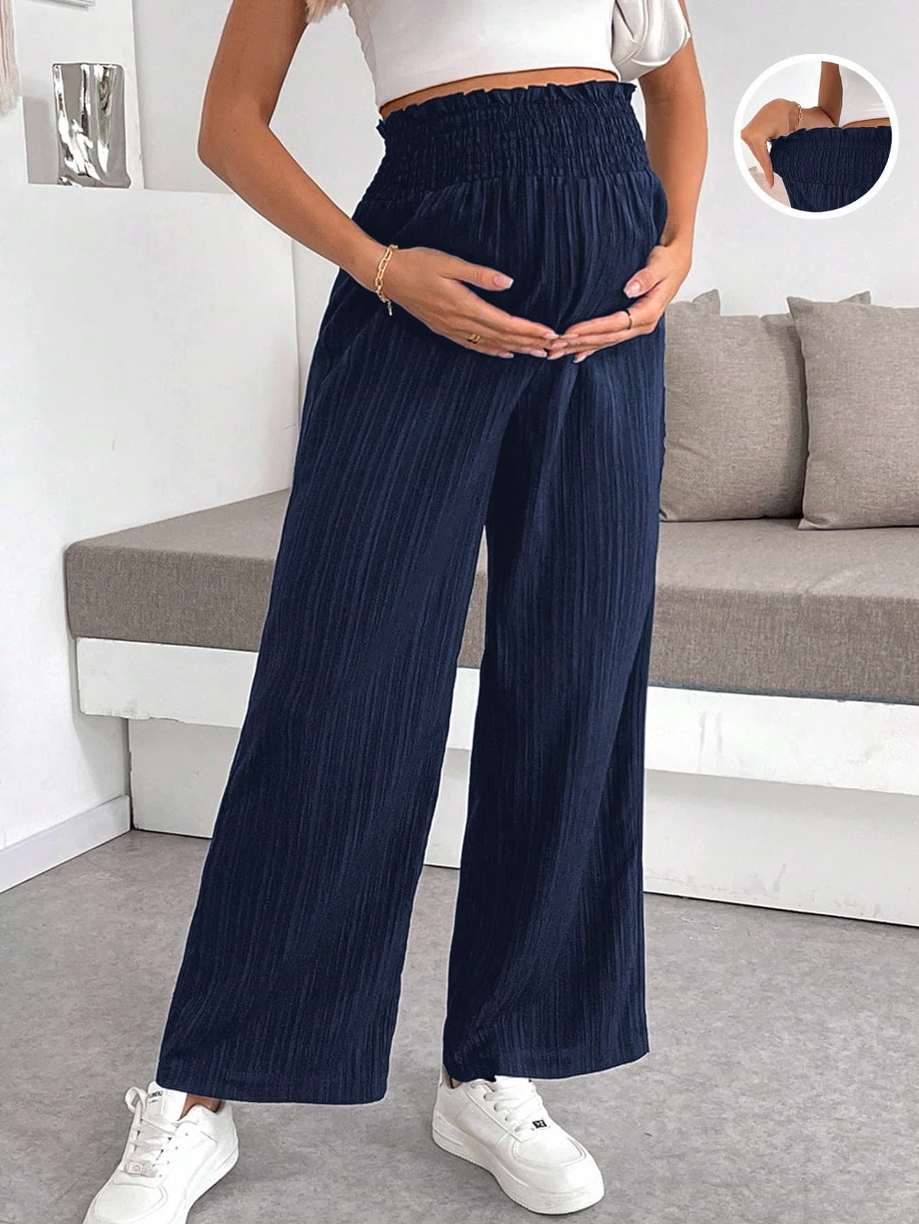 SHEIN Maternity Solid Color Paper Bag Waist Loose Casual Wide Leg Pants Maternity Pants Pregnancy Wide Leg Pants Maternity Clothes Women Wide Leg Pants Fall