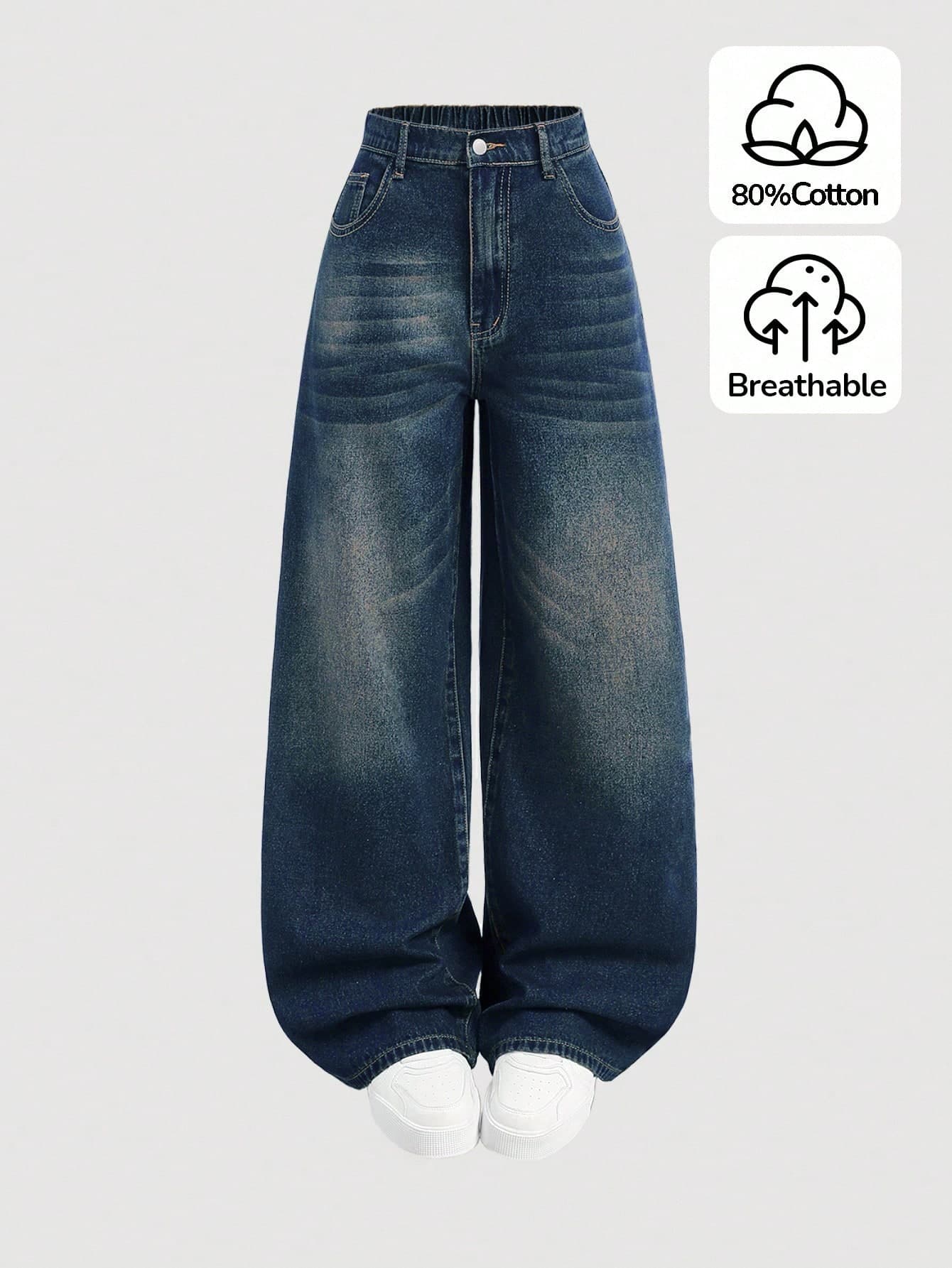 SHEIN Girlism Vintage Blue & Yellow Loose Wide-Leg Jeans For Teenage Girls, Baggy Jeans Fall Winter