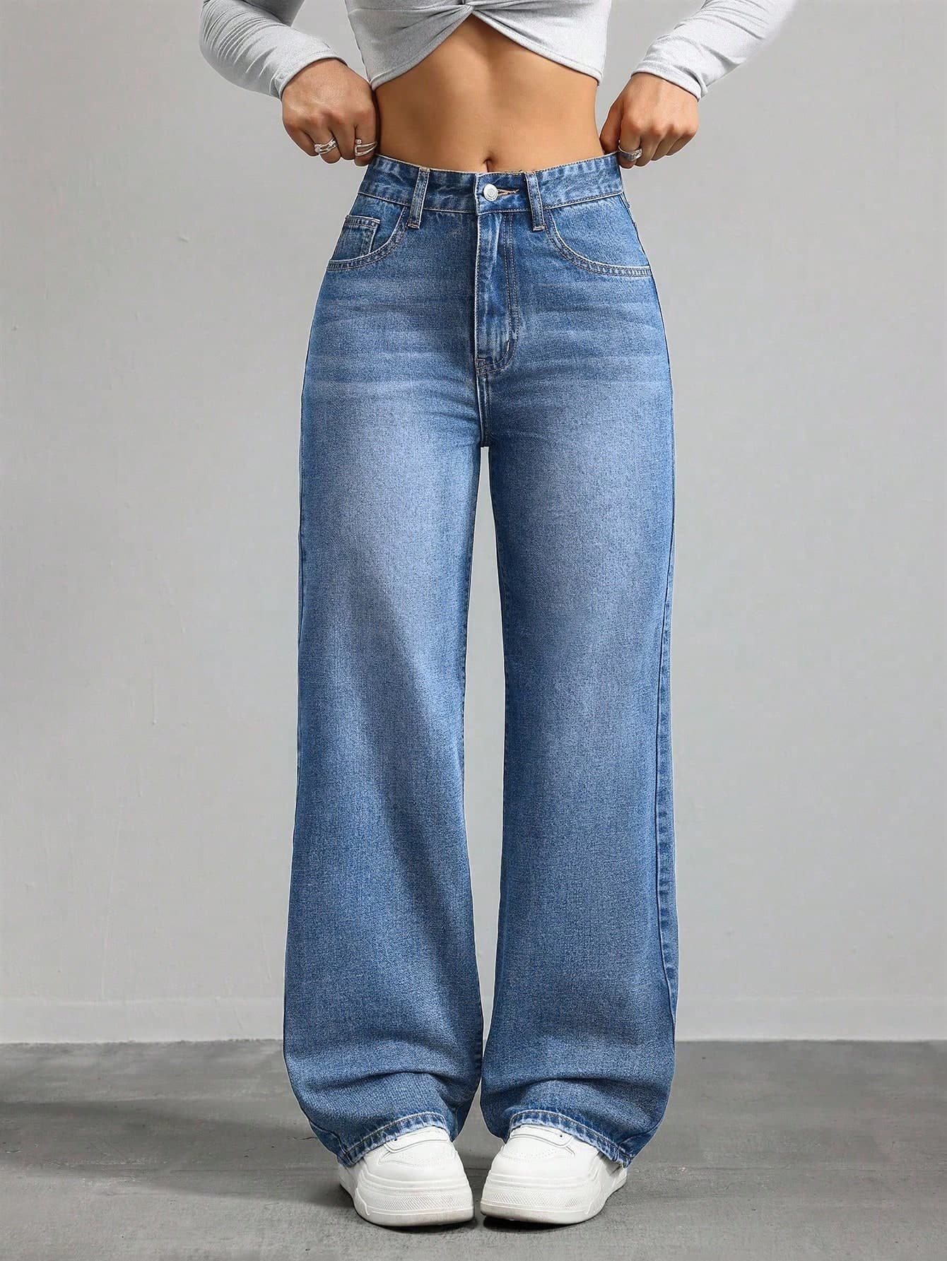 SHEIN ICON Women's Pocket Loose Wide Leg Casual Versatile Denim Jeans