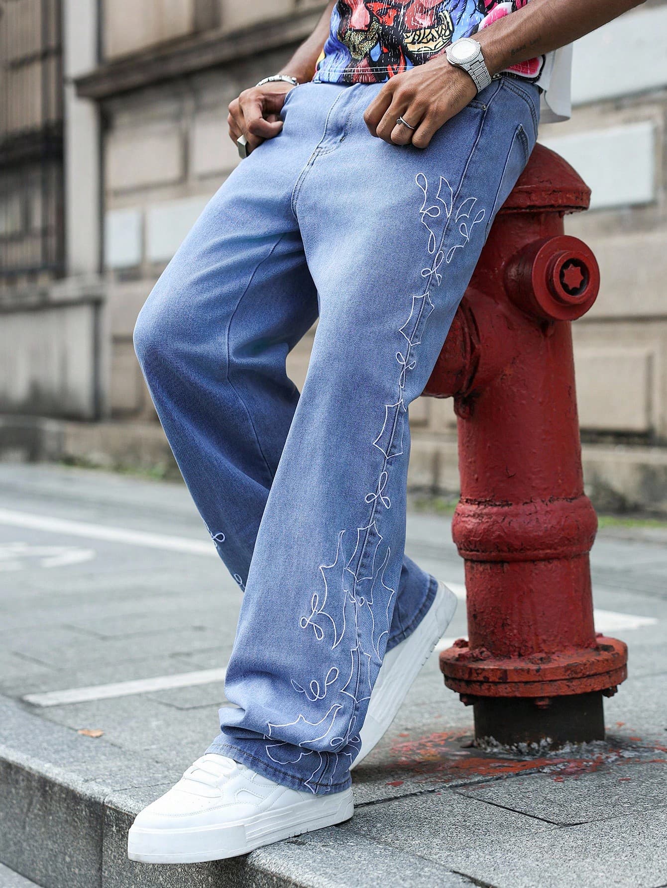PAVTROS Manfinity Streetrush Men's Embroidered Baggy Jeans,Straight Leg Washed Denim,Unisex Skater Pants,Light Blue And White,Summer,Streetwear,City Break