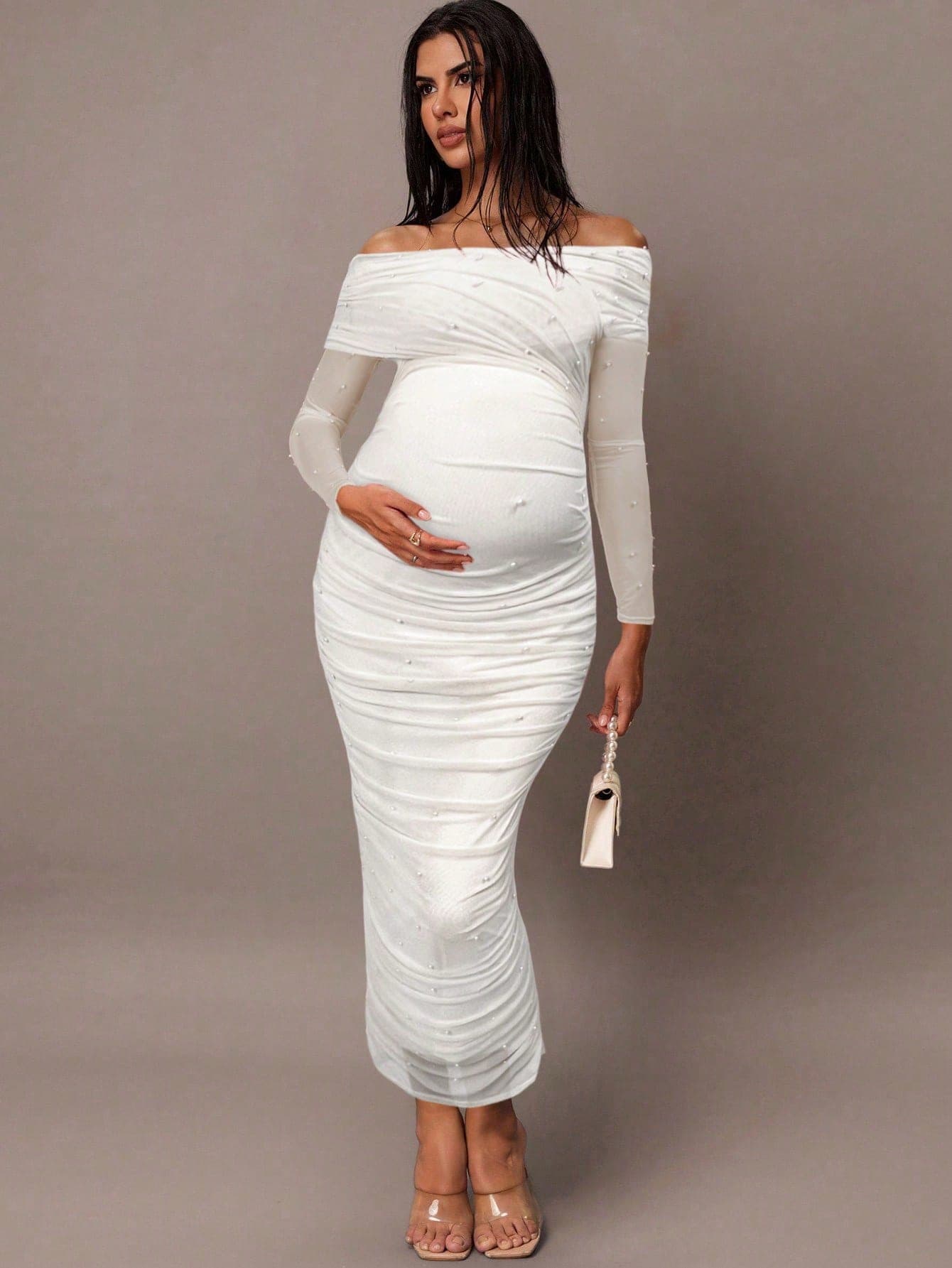 MaterniChic Women's Elegant White Off Shoulder Pearl Ruched Slim Fit Dress,Summer Maternity Photoshoot Dress, Pregnant Pregnancy Long Bodycon Party Dress