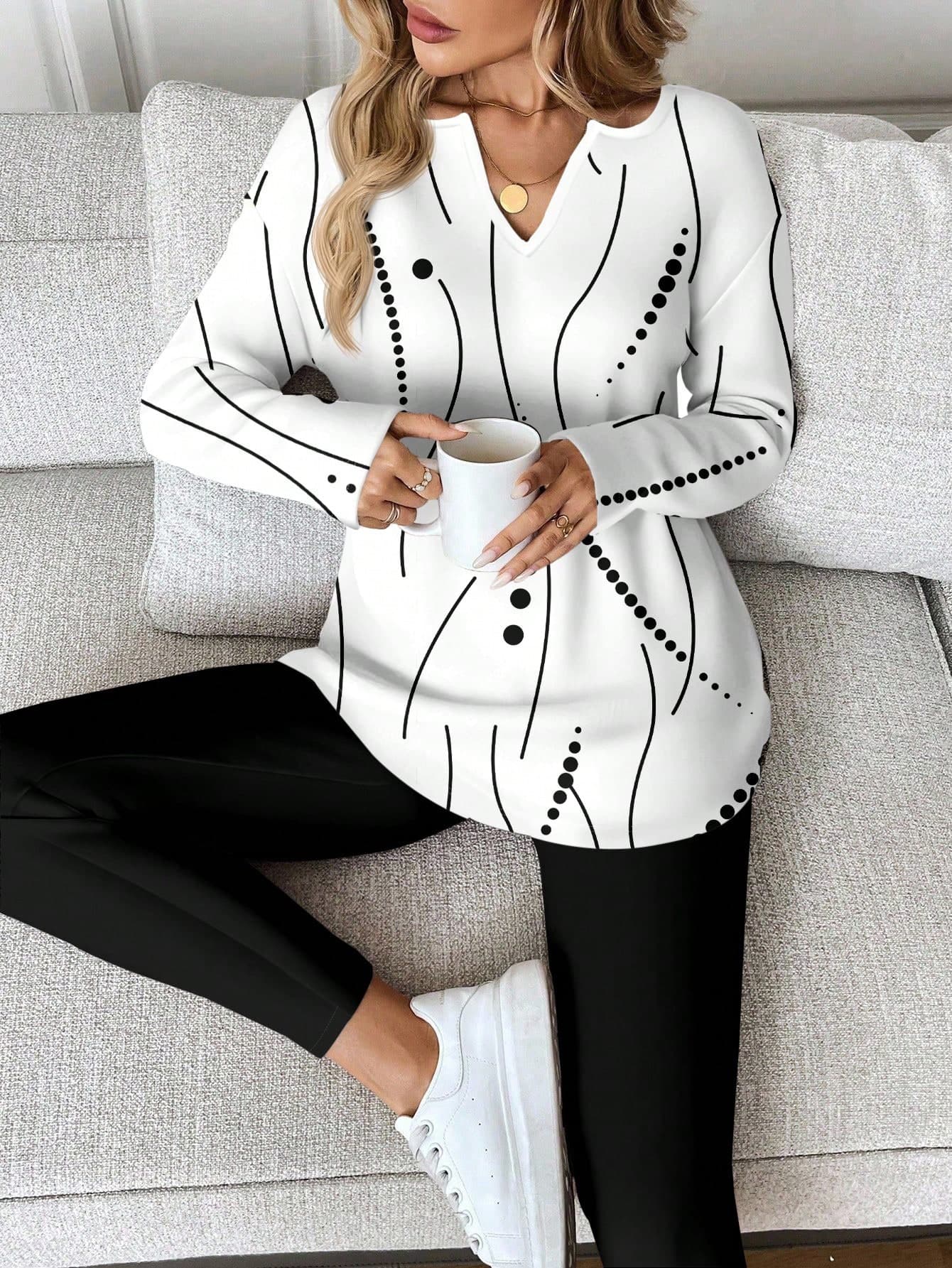 SHEIN LUNE 2pcs/Set Women Long Sleeve T-Shirt And Leggings, Autumn/Winter Maternity Blouse Top Shirts For Clothes Fall Winter White Black Top,Casual