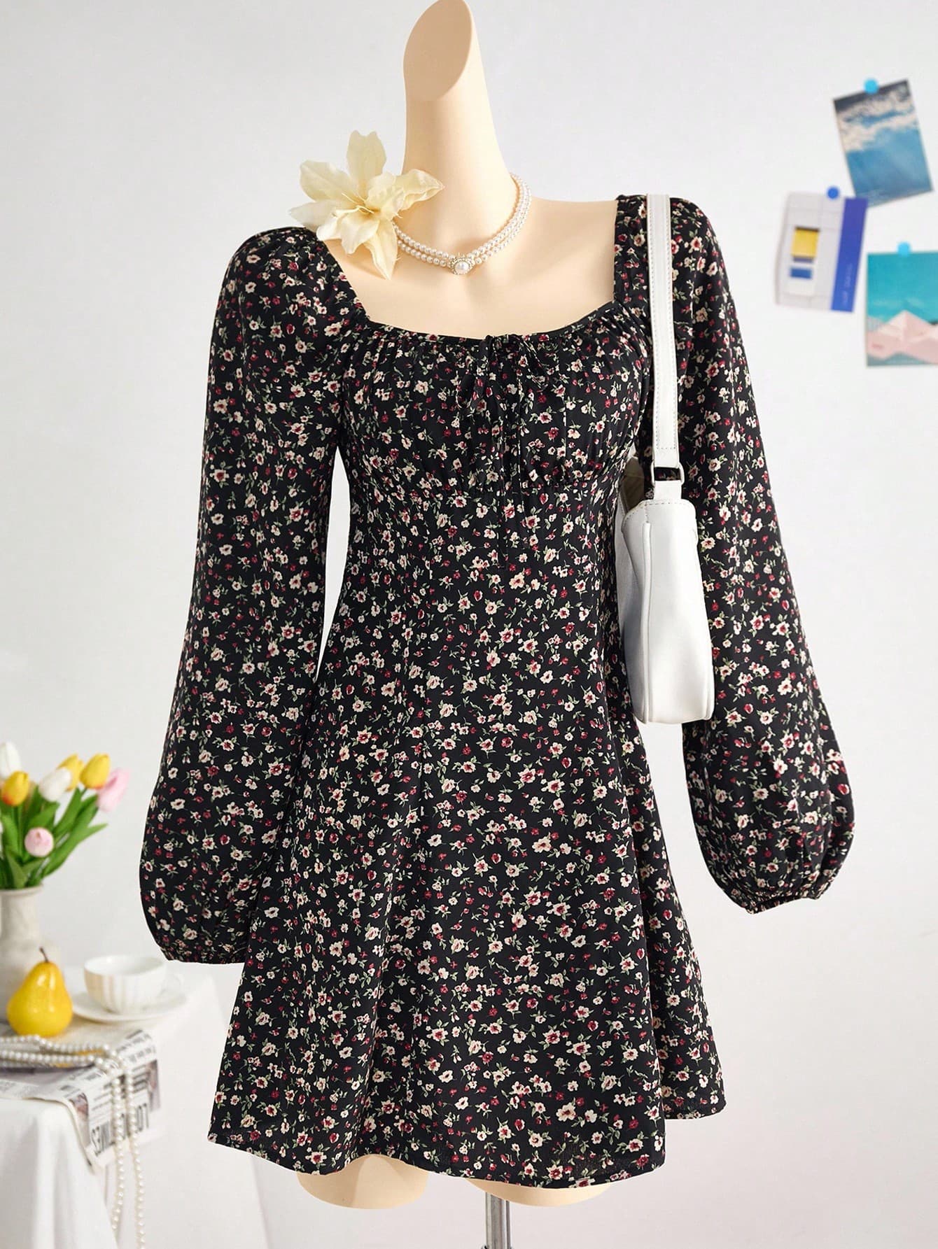 Teen Girls' Black Floral Chiffon Vintage French Style Dress,Square Neck Puff Long Sleeve Tiered Babydoll,Autumn,Dinner,Wedding Guest Bohemian Mini
