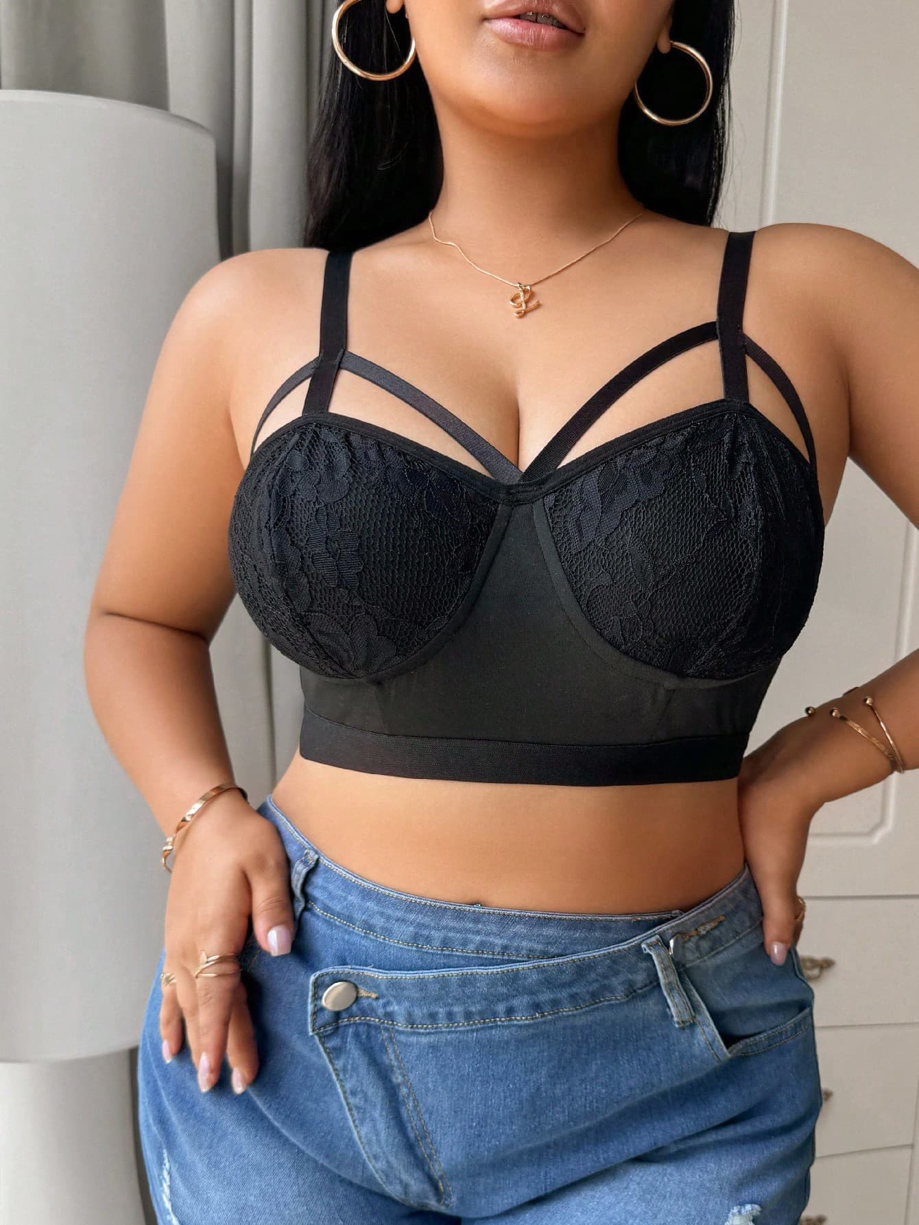 SHEIN Plus Size Adjustable Strap Lace Patchwork Bra, Summer