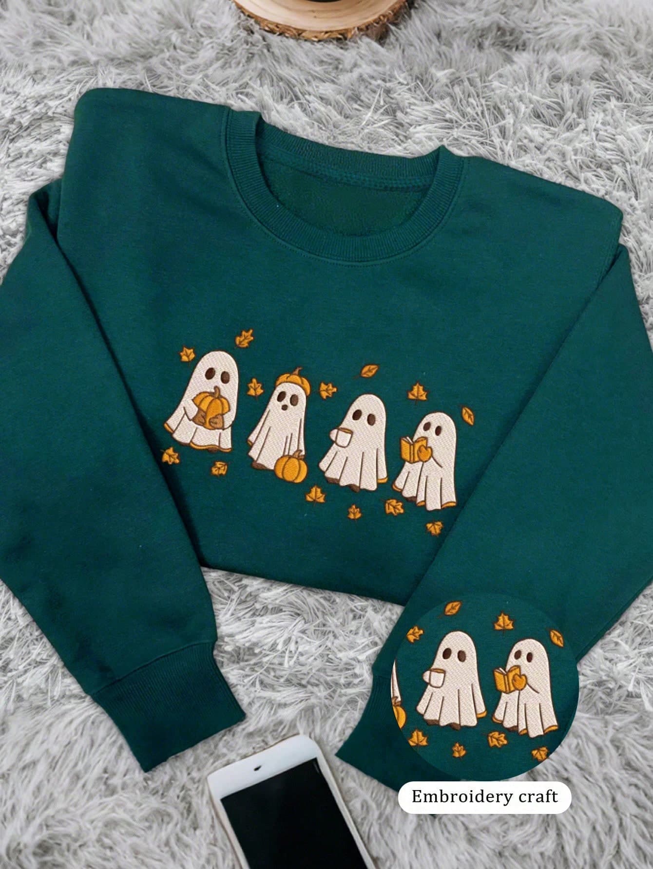 INAWLY Women's Dark Green Autumn Casual Everyday Embroidered Horror Sweatshirt,Vintage Halloween Pumpkin Ghost Pattern Round Neck Pullover,Halloween Gift