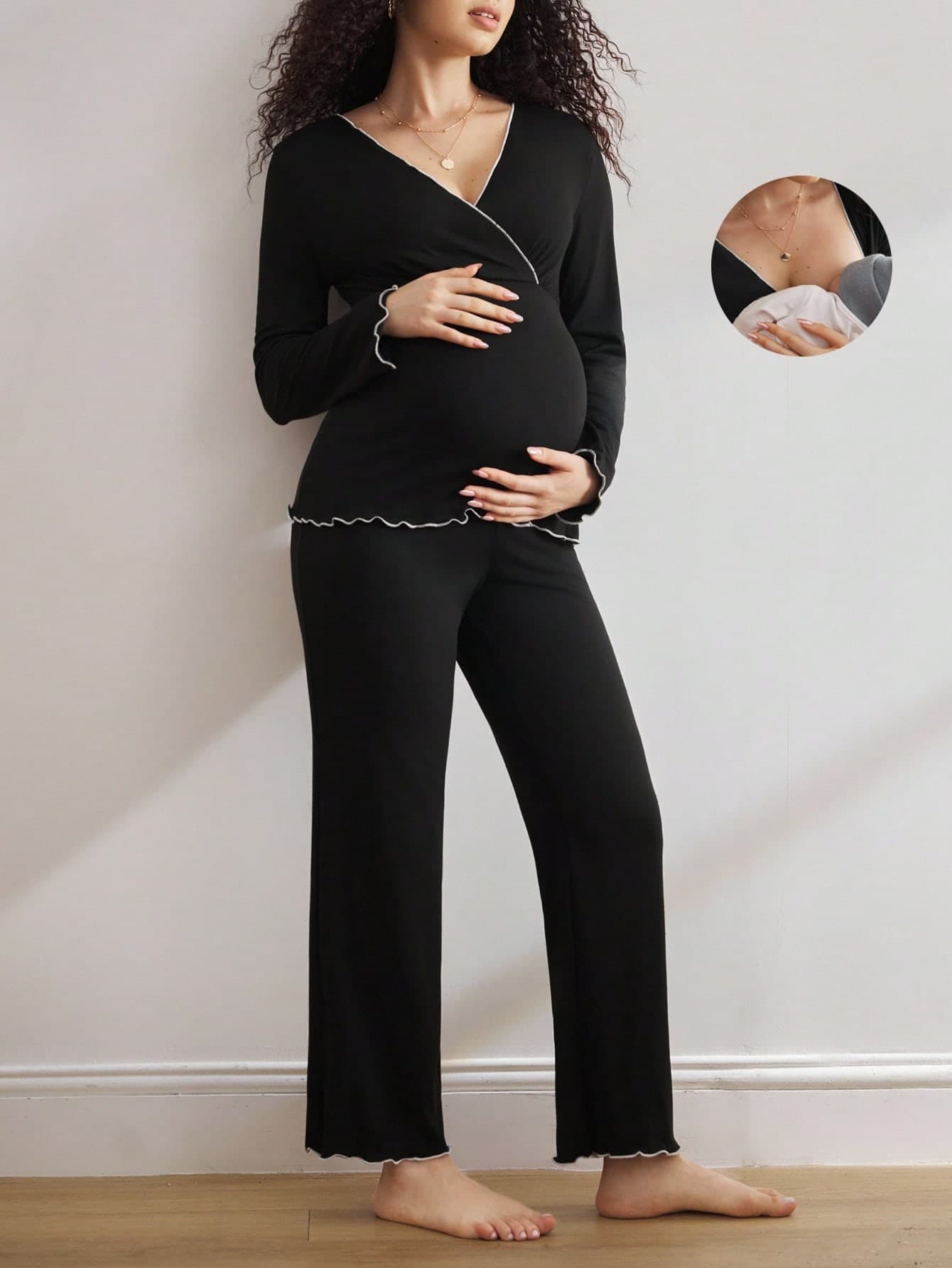 BloomMama Comfortable Wavy Hem Black Elastic Simple Long Sleeve Top & Pants V-Neck Maternity Loungewear Set, Fall & Winter Clothes, Cozy Outfits