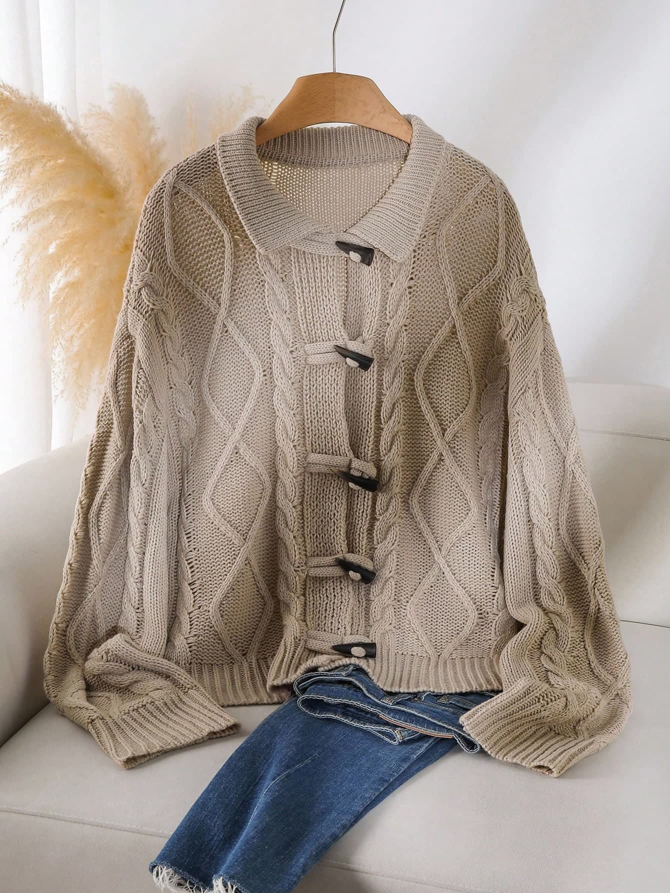 CosyJoli Plus Size Women Cowl Neck Button Front Cable Knit Cardigan,Pink And Grey Autumn Casual Everyday Back-To-School Sweater Clothes For Women Fall/Winter