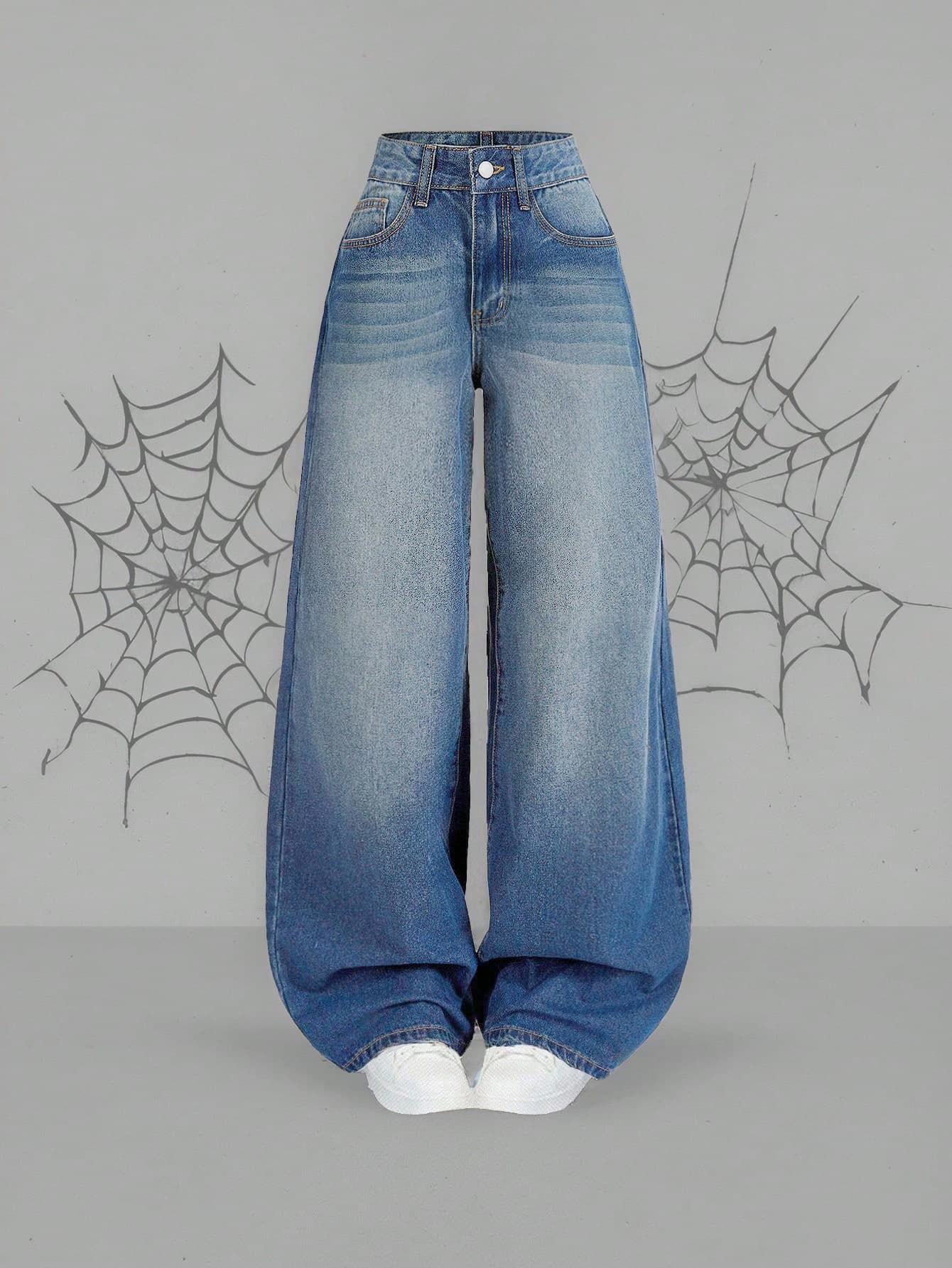 SHEIN MOD Women's Front Button Pocket Casual Loose Blue Denim Trousers