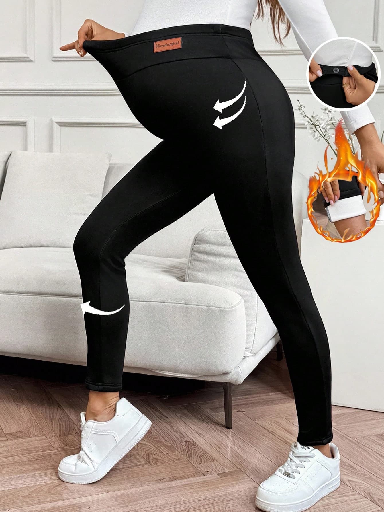 SHEIN Maternity Black Winter Casual Formal Gym Leggings,Letter Embroidered Thermal Lined Adjustable Waist Pregnancy Workout Activewear Fall Clothes