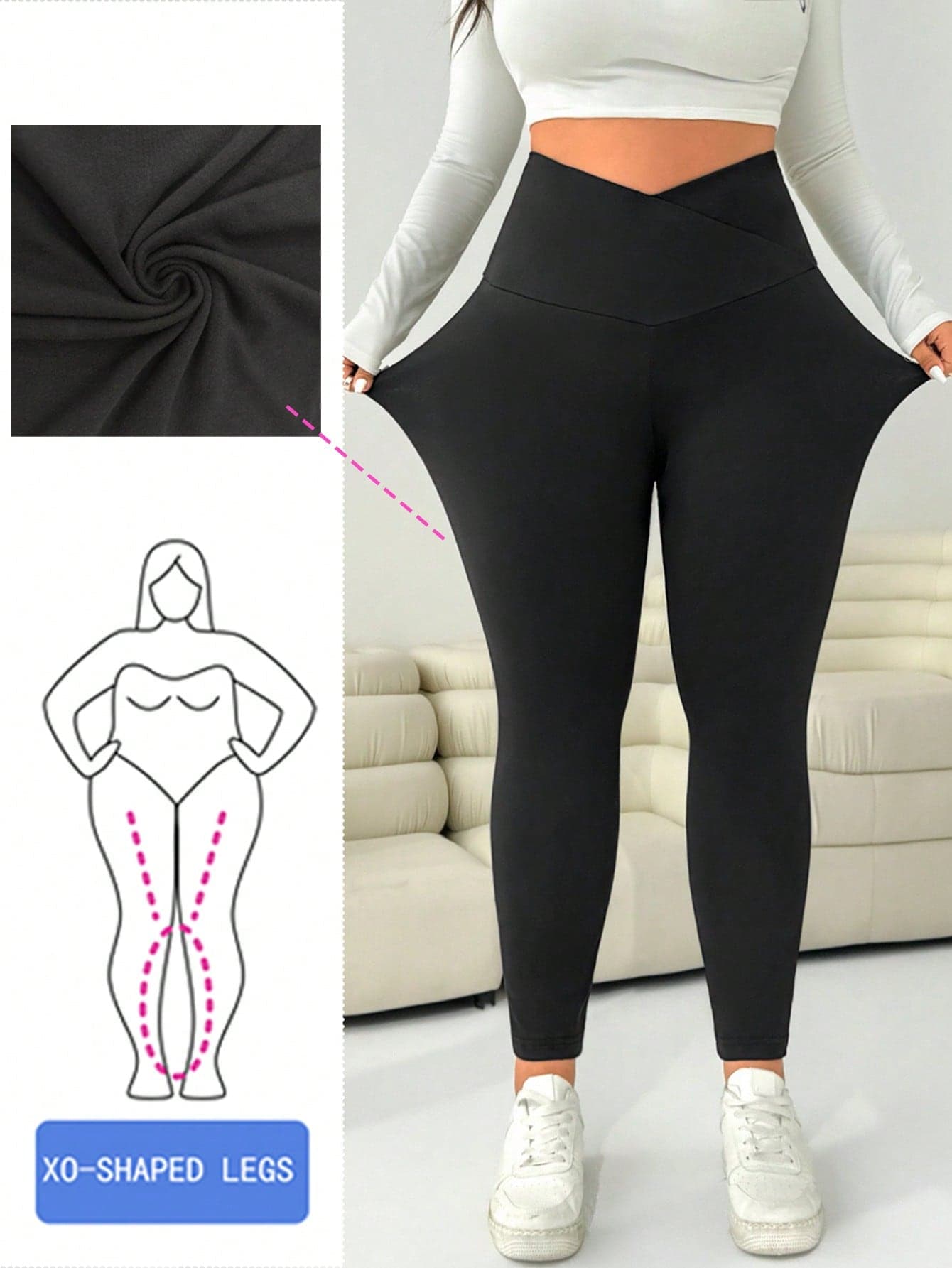 Solflare Plus Size Women Black Casual Minimalist Versatile Commute Solid Color Overlap High Waist Elastic Skinny Leggings,Fall Clothes For Women
