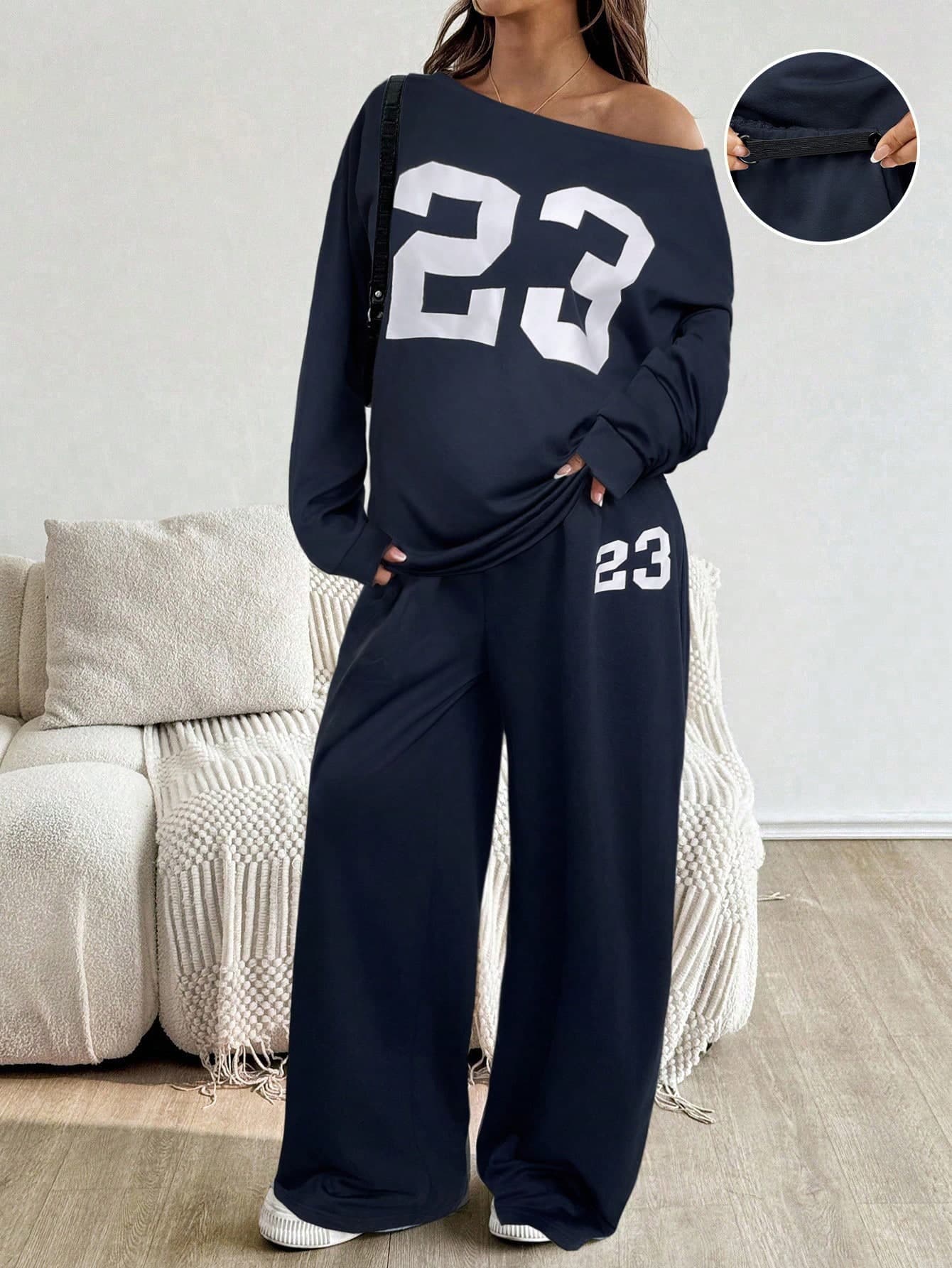 SHEIN 2pcs Maternity Casual Oblique Shoulder Numeric Pattern Top And Pants Set,Navy Blue Autumn Grunge Everyday Back-To-School Comfy Lounge Sweatpants Fall