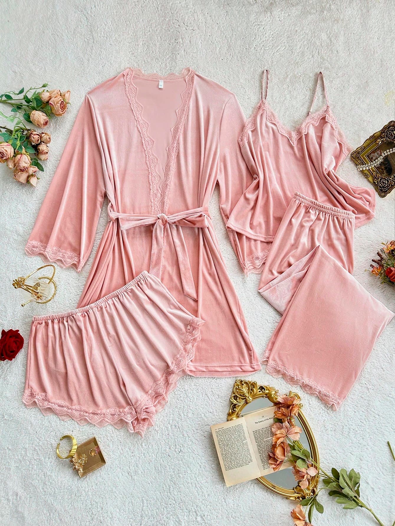 SHEIN SilkySpell 4-Piece Set:Women's Dusty Pink V-Neck Top,Lace Trim Shorts,Pants,Luxurious Velvet Robe,Plus Size Autumn Elegant Family Matching Pajama