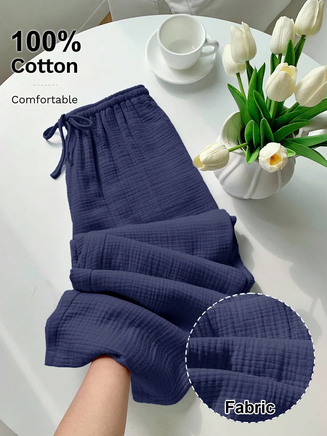 Comfortcana Navy Blue Straight Leg Long Pants With Pockets In Breathable Woven Fabric Women Cotton Gauze Pants,Fall Clothing