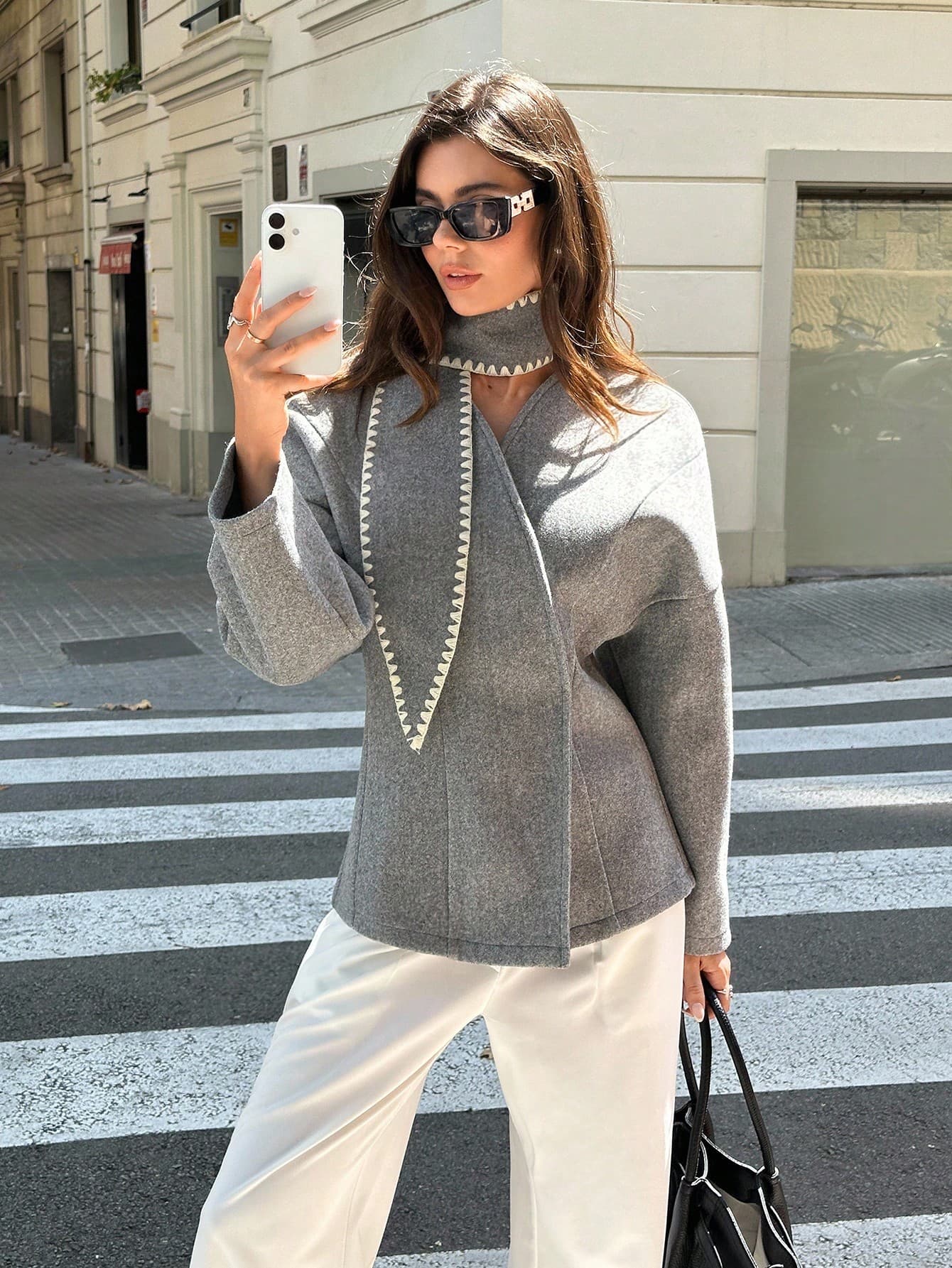 Siren Gaze New Autumn And Winter Gray Blended Woolen Coat For Women (With Matching Scarf) Waist Silhouette Coat, Fashionable Street Wear For Women,Fall Casual