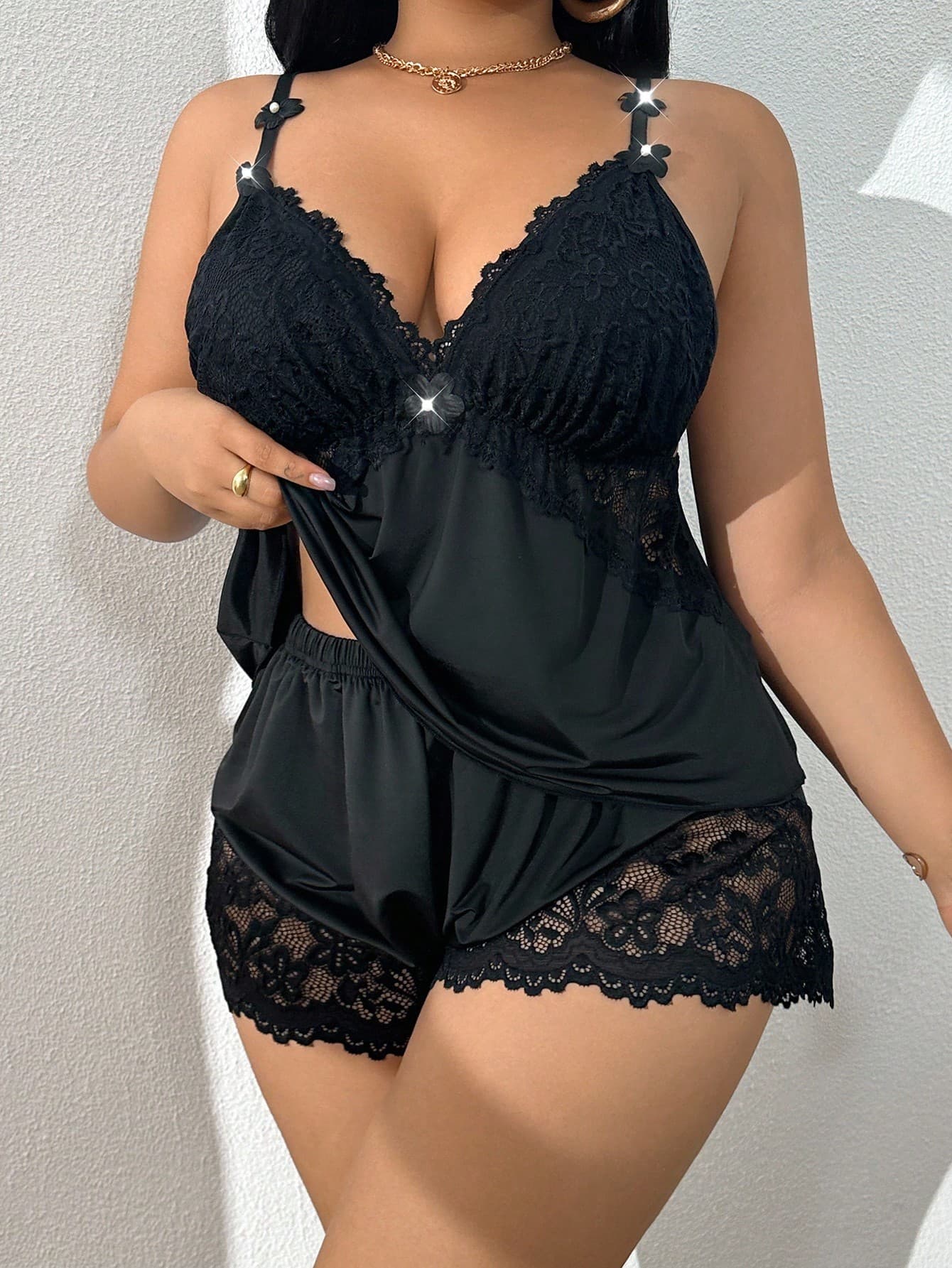 Napfluff CURVE Napfluff CURVE Plus Size Lace Patchwork Elastic Knit Sexy Backless Camisole & Shorts Pajama Set Lingerie Short Set Lingerie Sleep Set