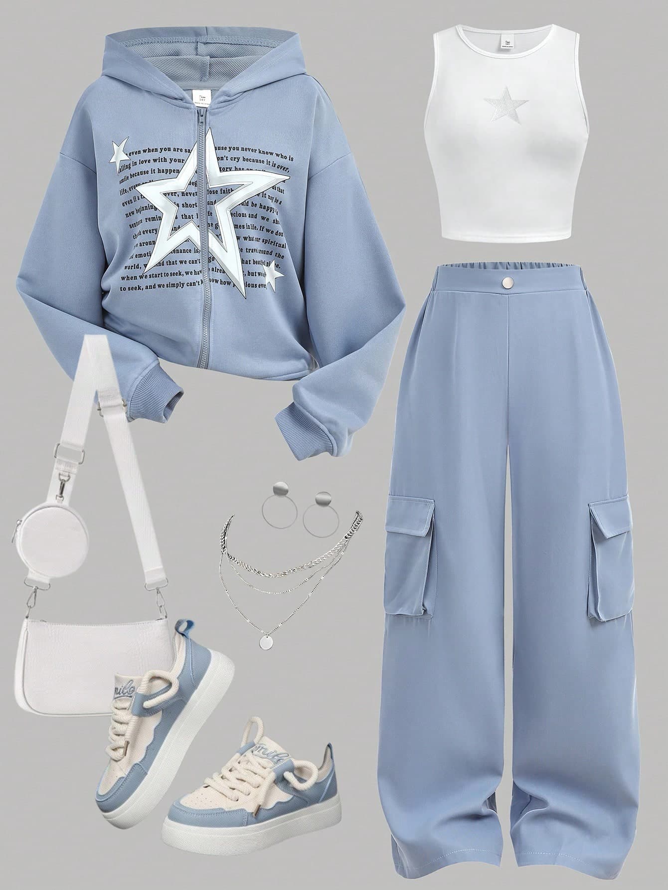 Girlism Teen Girls Star Pattern Silver Blue Hoodie Sweatshirt&Cargo Pants Sports Suit,Versatile Fall Winter Light Outfits And White Set Full Outfit Outline