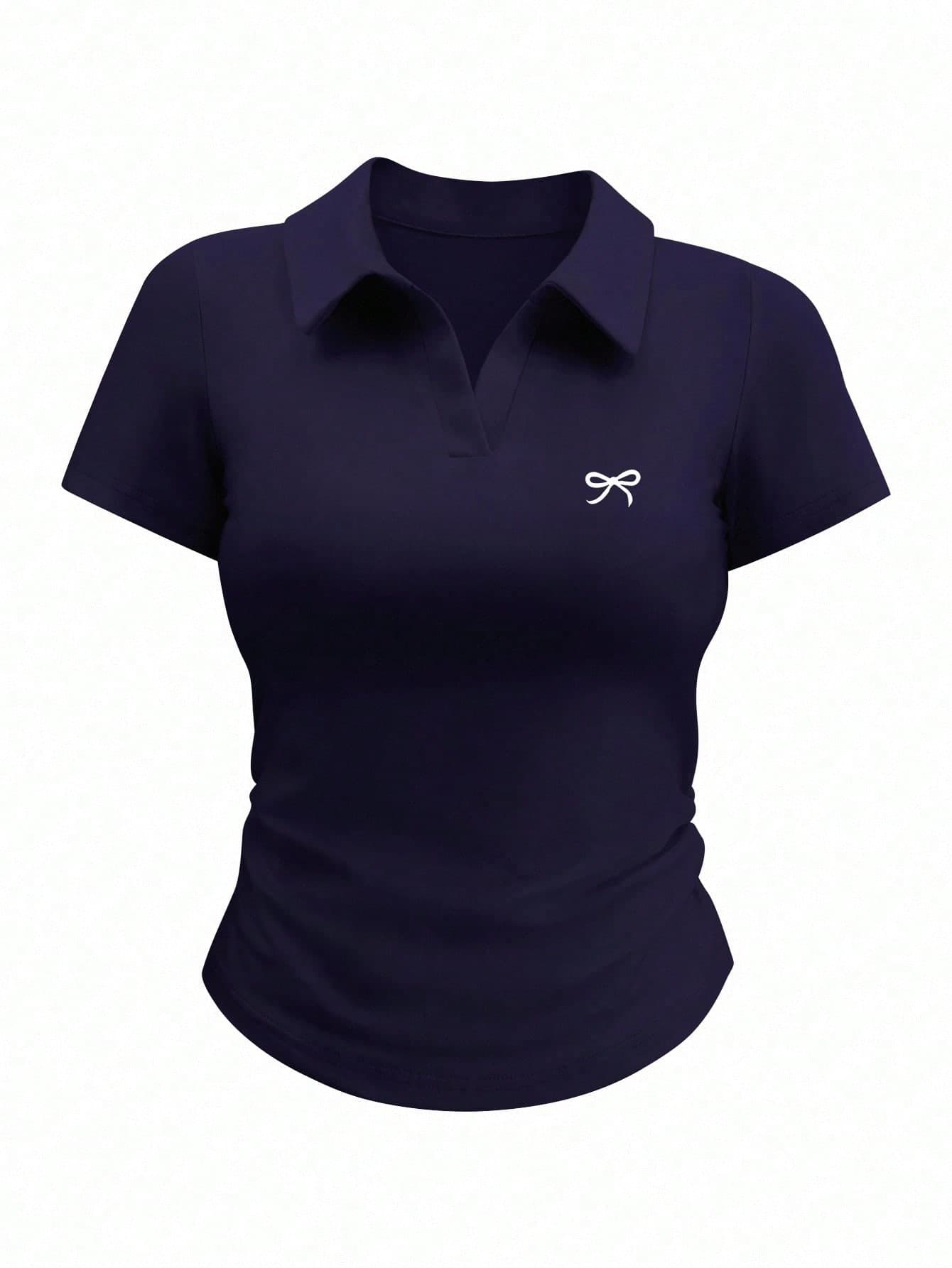 SHEIN EZwear Women's Bow Print Polo Collar Ruffle Casual T-Shirt