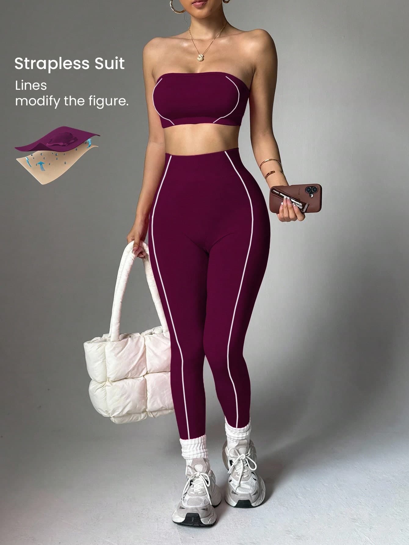 Dewbera Dewbera Women's Purple Seamless White Striped Strapless Sports Bra And Leggings Set,2 Piece Workout Gym Activewear,Pink And White,Summer,Sexsy,Pilates Curve
