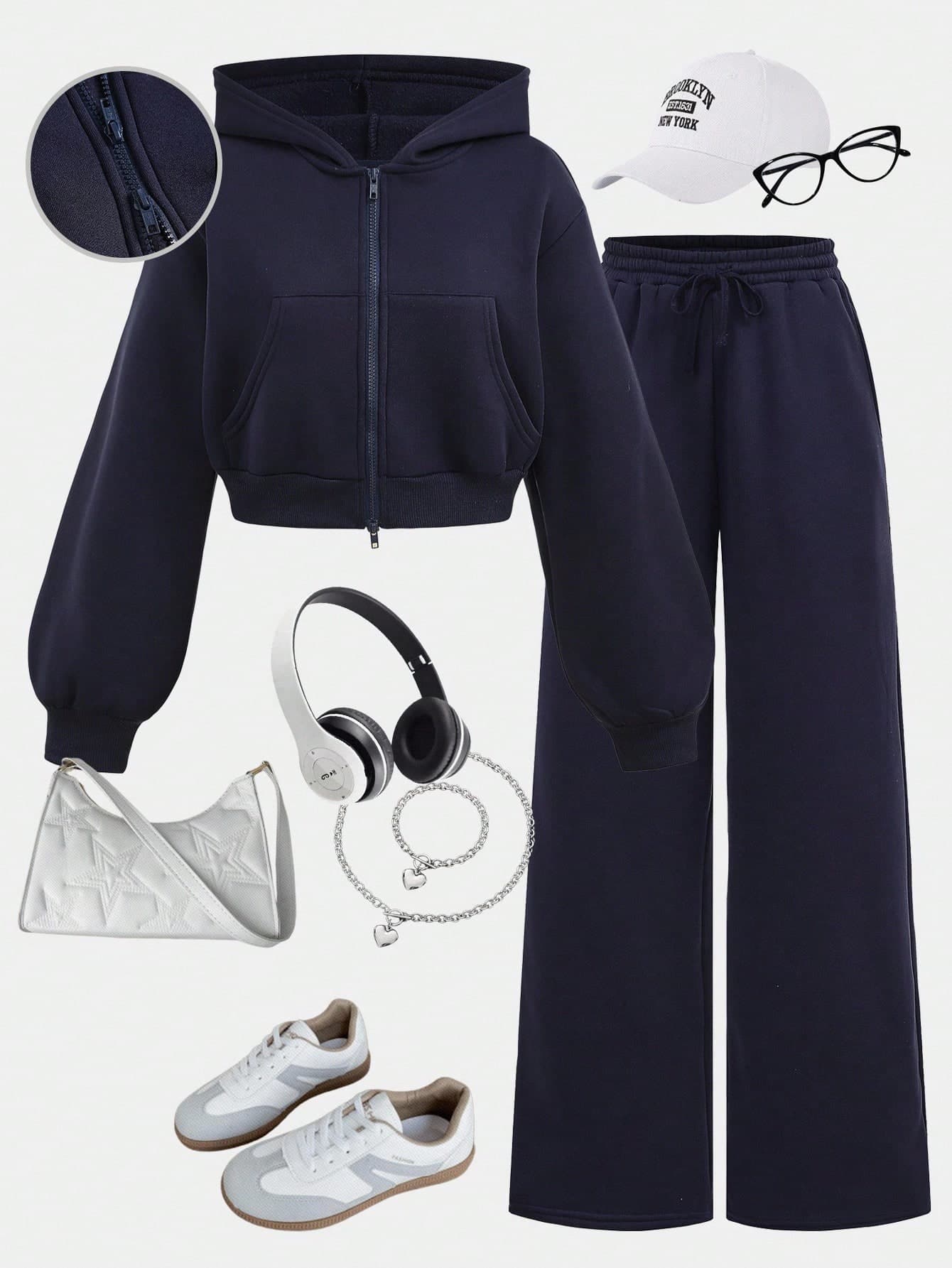 SHEIN Girlism Teen Girls Navy Winter Casual Two Pieces Set,Zip-Up Hoodie And Relaxed Fit Pants,Collegiate Style Back-To-School Outfit,Airport Street Wear
