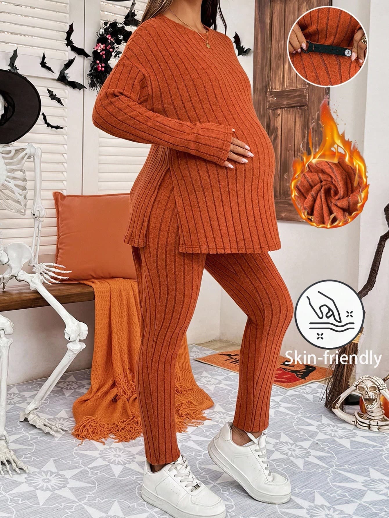 SHEIN Rust Orange,Autumn,Smart Casual,Everyday,Wedding Ninang Maternity Halloween Costume Ribbed Knit 2pcs Set,Elegant Long Sleeve Top & Slim Fit Pants