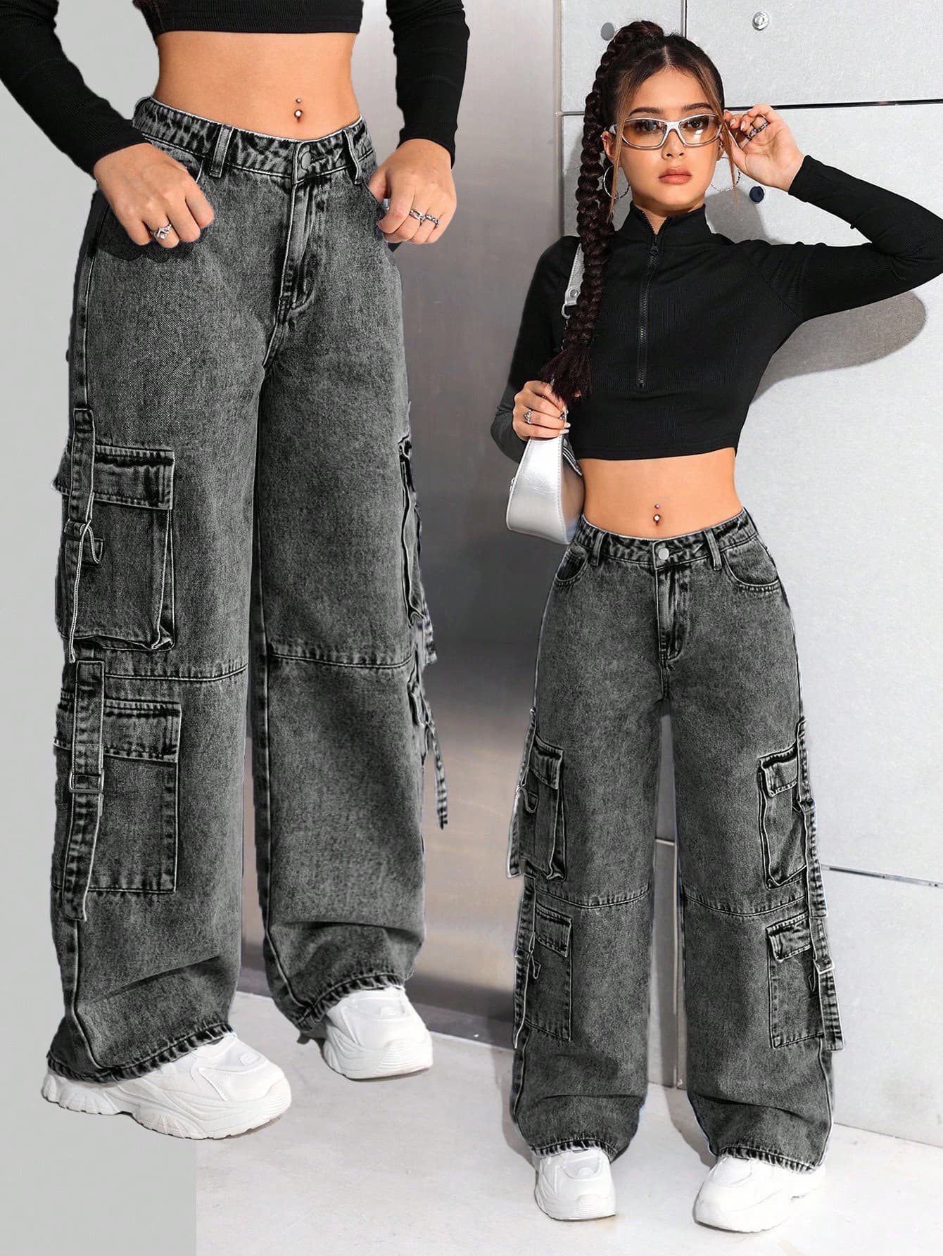 SHEIN Teen Girl Y2K Fashionable Stonewashed High Waisted Baggy Straight-Leg Cargo Denim Jeans Pants With Utility Pockets Versatile Style,Winter Streetwear, Baggy Jeans Y2k, Baggy Cargo Jeans, Washed Baggy Jeans, Y2k Baggy Jeans, Grey Baggy Jeans Fall
