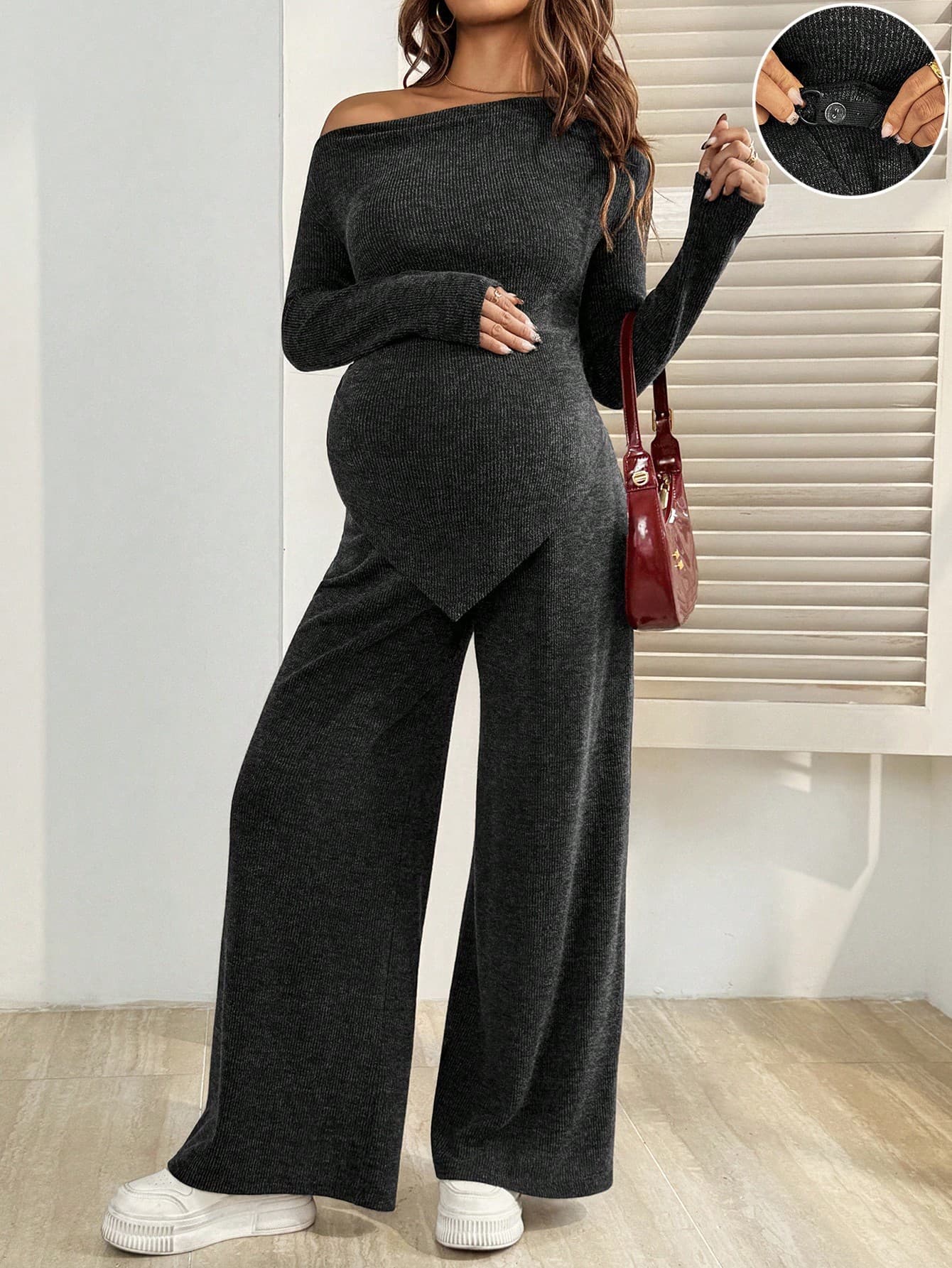 SHEIN Autumn And Winter 2pcs Maternity Casual/Office Wear Solid Color Asymmetric Top Pants Set Long Sleeve Jumpsuit Pregnancy Clothes Two Piece Suits Fall