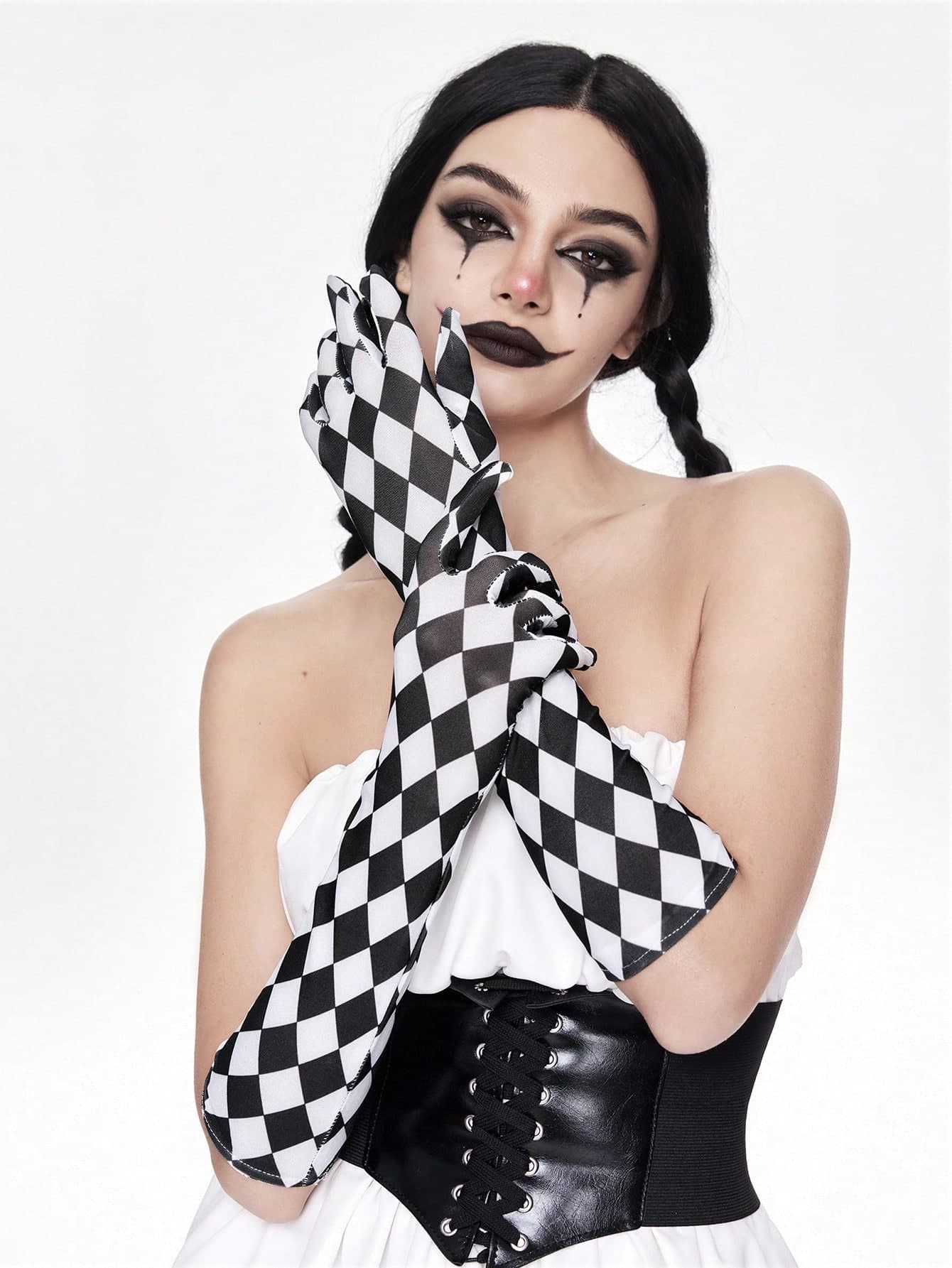 ROMWE Grunge Punk 1 Pair Punk Style Black & White Plaid Pattern Fingerless Gloves, Y2K Sexy High-Quality Long Gloves, Niche Design Fashion Elastic Gloves