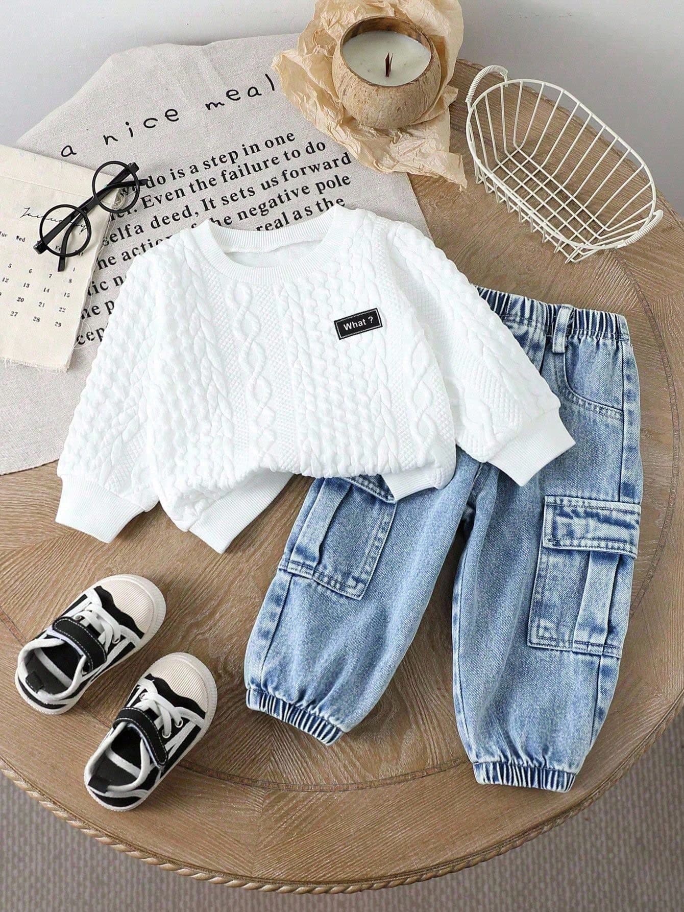 SHEIN Playful Pals 2pcs Baby Boy Casual Set: Letter Print Round Neck Long Sleeve Sweatshirt And Cargo Pants, Autumn