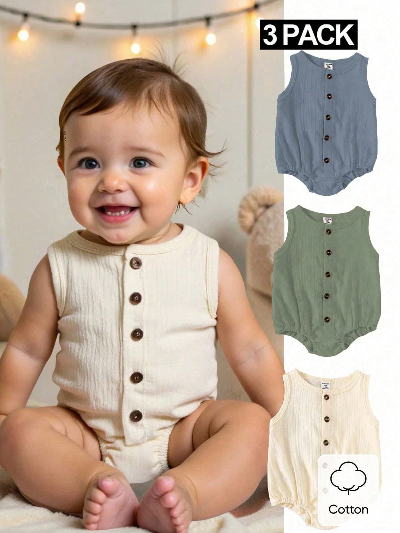 SHEIN 3pcs Baby Boy Summer Pure Cotton Bodysuit Sage Green Blue Apricot Front Button Romper Casual Family Matching Style For Daily Outdoor School Party
