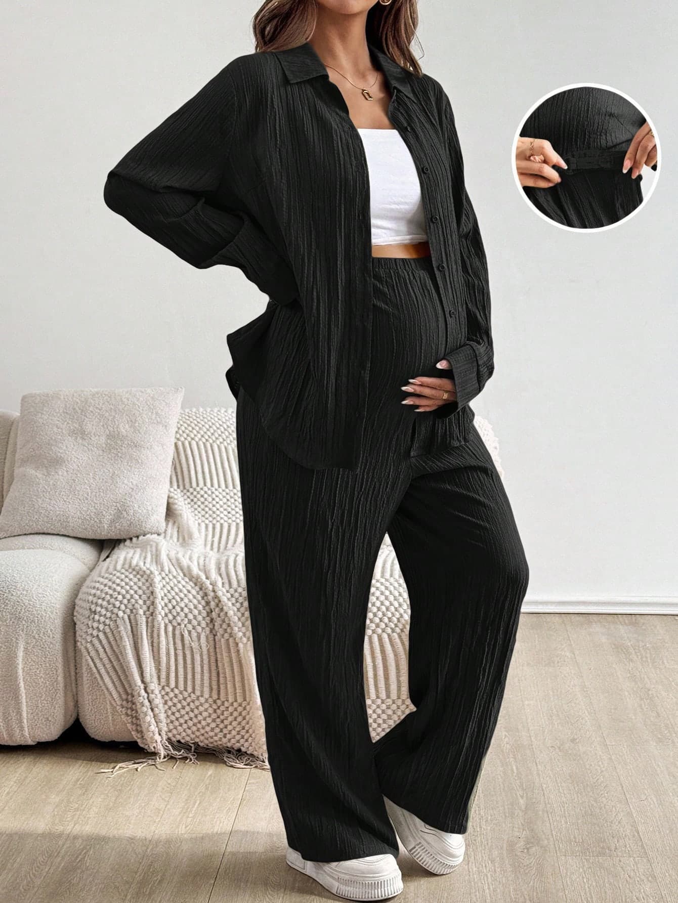 SHEIN 2pcs Maternity Solid Color Casual Long Sleeve Top And Pants Set Two Pieces Women Comfy 2 Lounge Sets Woman Black For Clothes Suits Fall