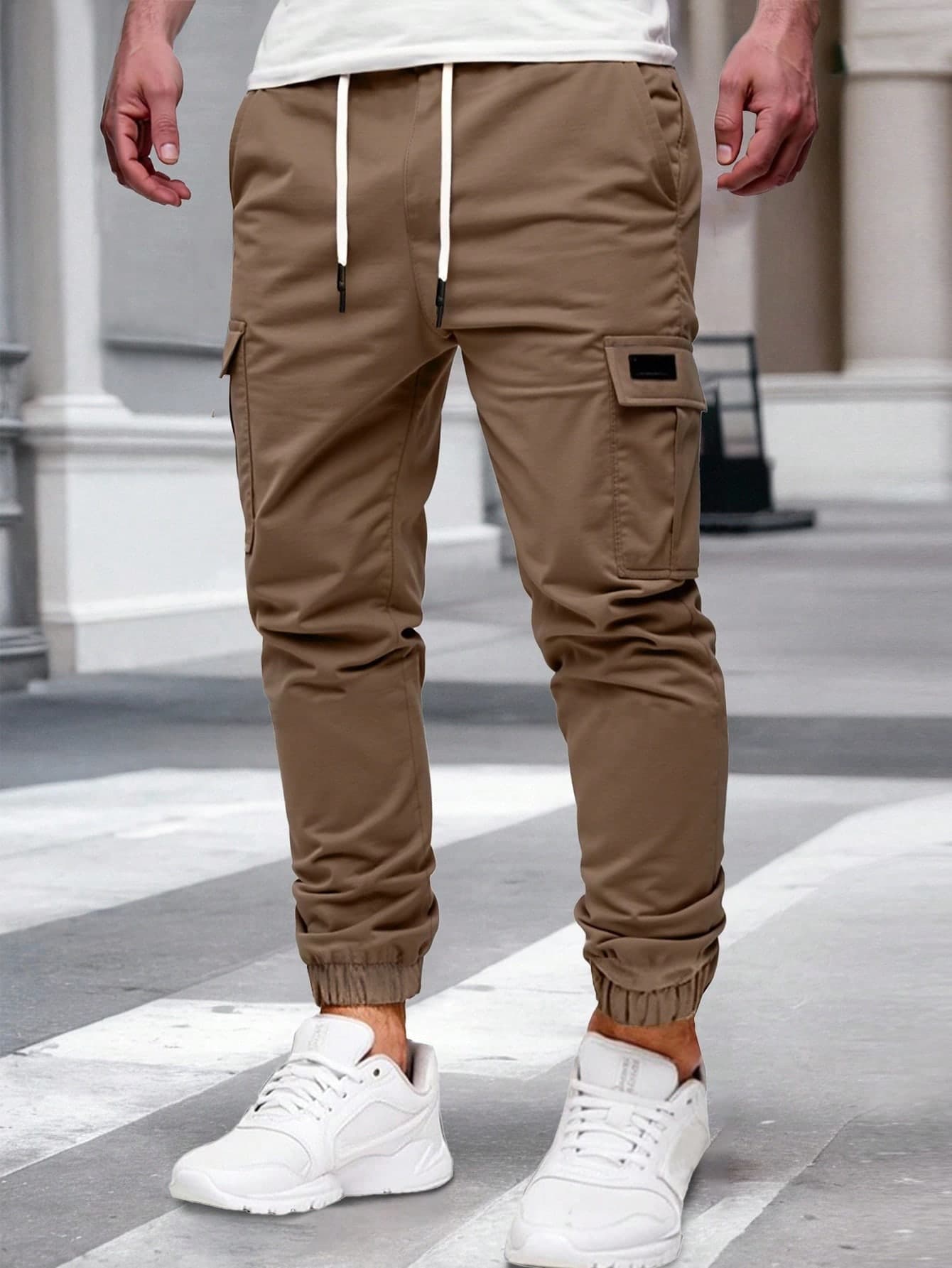 Manfinity Homme Men's Drawstring Waist Casual Jogger Cargo Pants Brown Pants Cargo Joggers Khaki Pants Casual Pants Khaki Joggers Men, For Fall