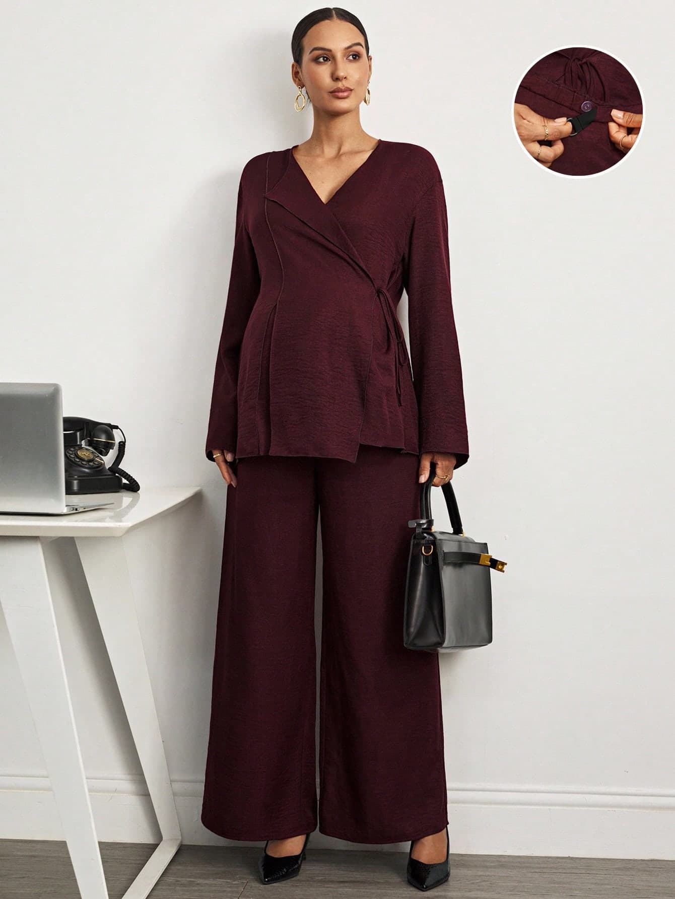 MaterniWear Office,Business Casual Woman,Autumn Clothes,Maternity Solid Color Tie-Wrap Top And Pants Set Winter Coords Sets Women Wide Leg For Pregnancy Fall