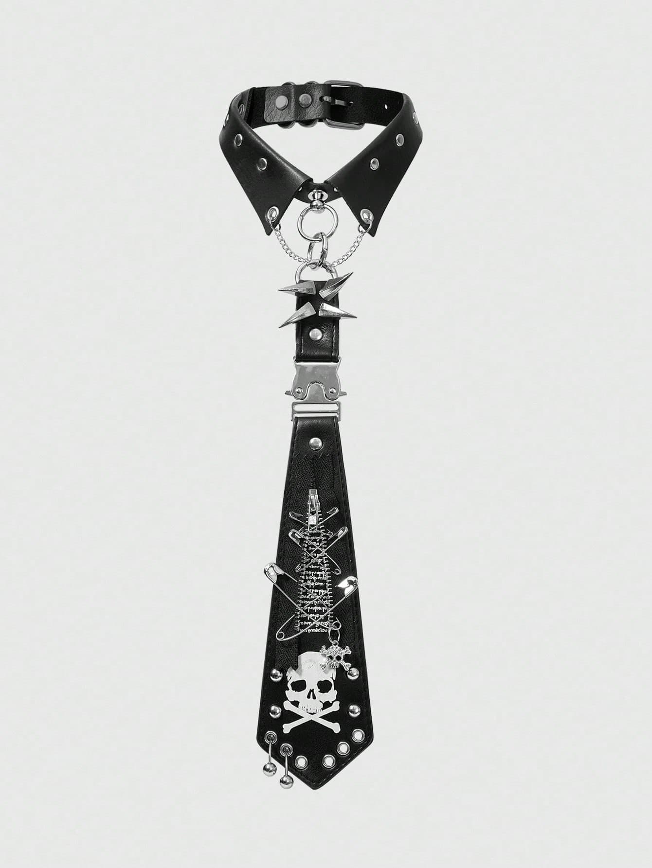 ROMWE Grunge Punk 1pc Black Y2K Punk Style Rivet Zipper Metal Skull & Letter Print Unisex Necktie, Goth Dark Accessories, Unique Personalized Decor