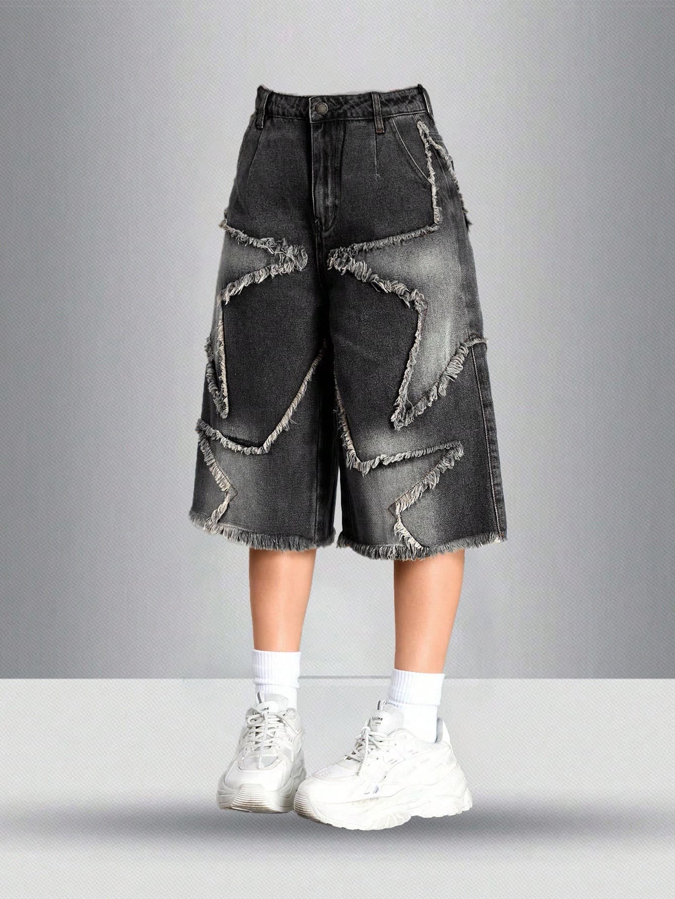 SHEIN Girlism Teen Girl Y2K Star Printed Denim Capri Boyfriend Low Rise Jeans Shorts, Casual & Fashionable For Everyday Wear, School, Streetwear, Spring Summer Fall Winter