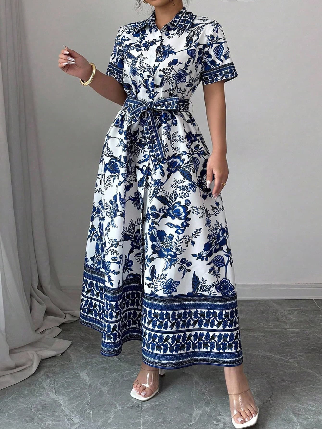 Elenzga Plus Size French Placket Short Sleeve Shirt Dress,Blue & White Cashew Flower Pattern Cinched Waist A-Line,Summer,Tropical,Holiday,Tea Party,White