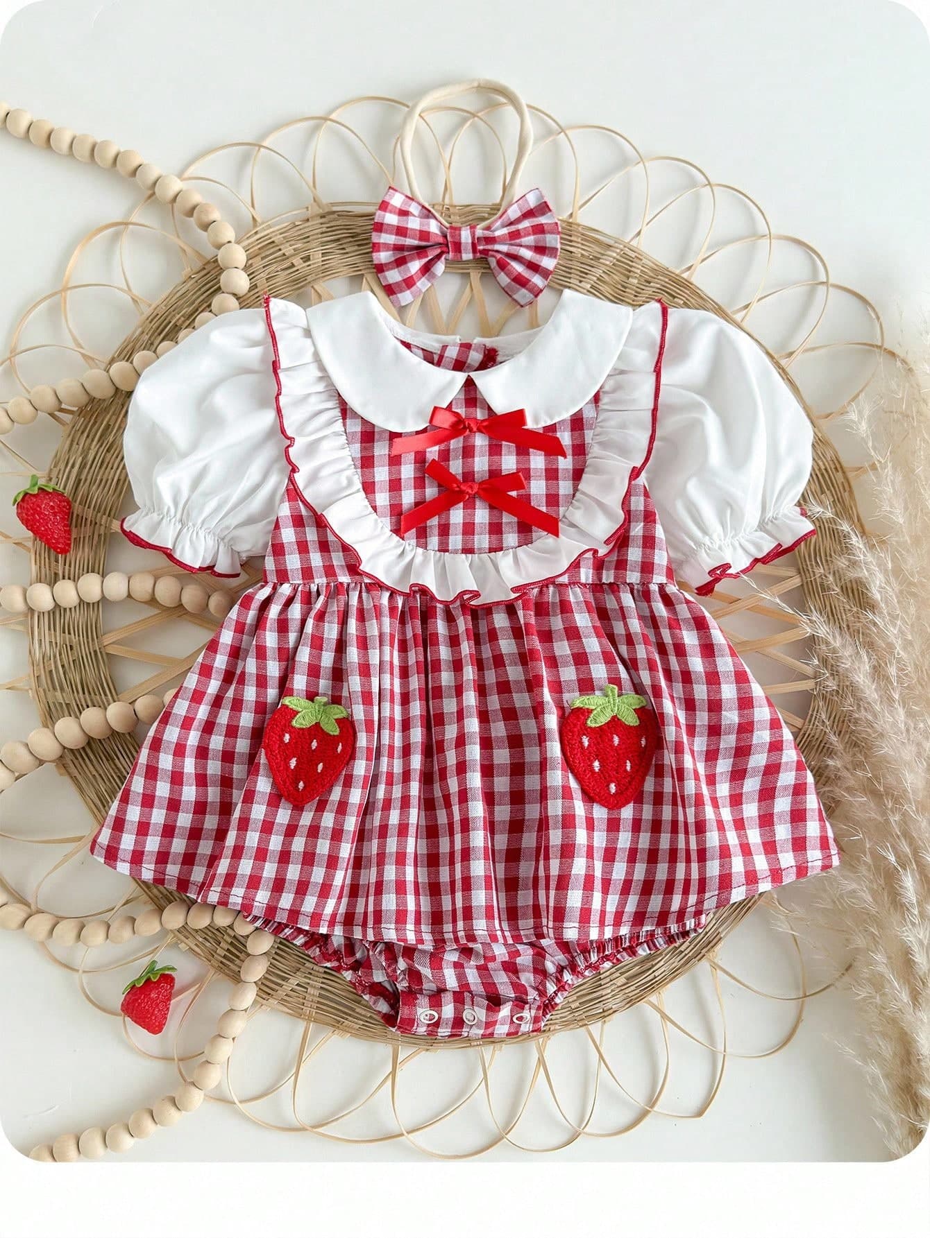 SHEIN Newborn Baby Girl's Cute Red & White Plaid Strawberry Print Peter Pan Collar Bodysuit With Headband, Summer