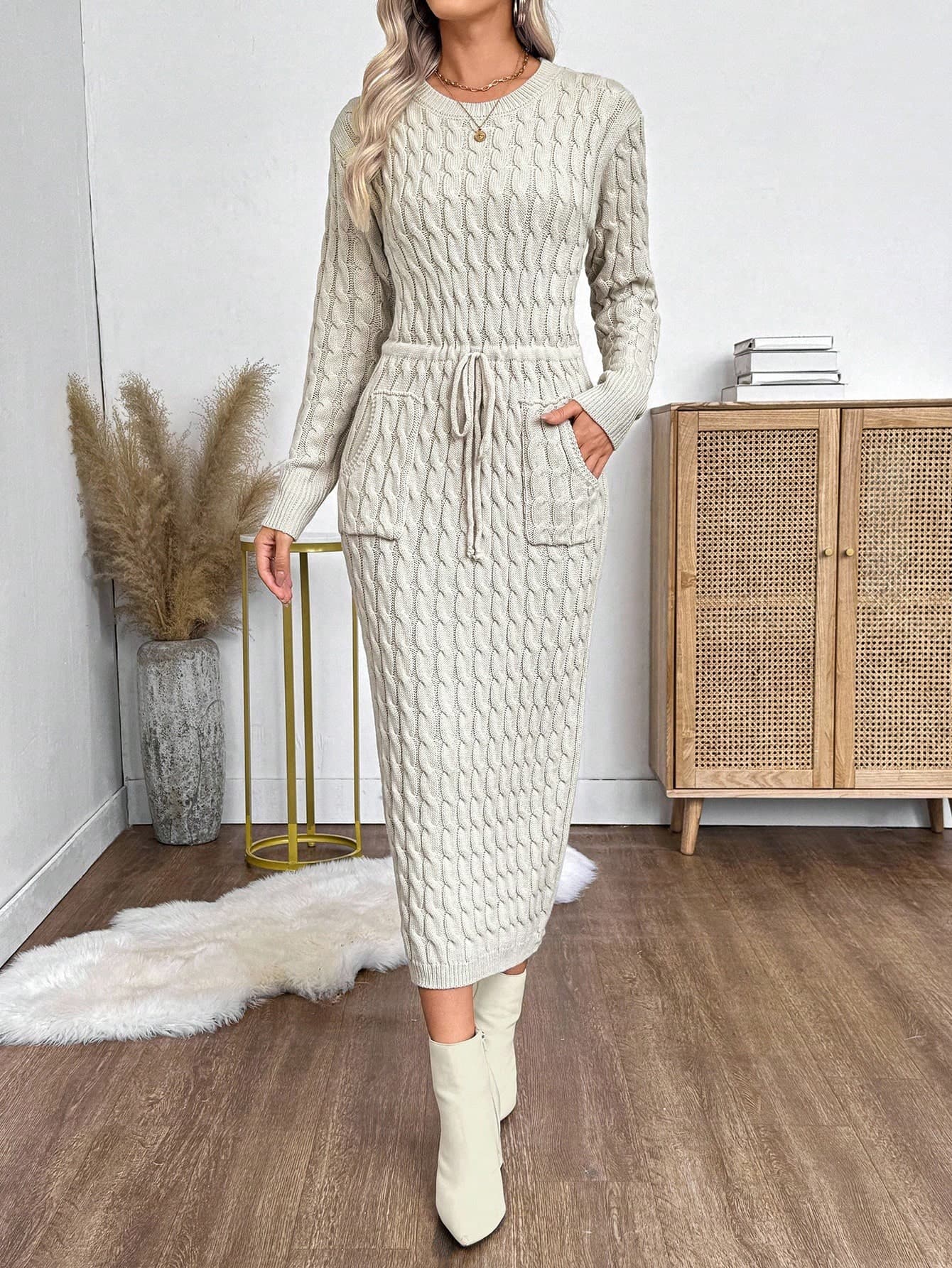 EMERY ROSE Women's Elegant Beige Cable Knit Sweater Dress,Long Sleeve Round Neck Drawstring Waist Pocket Fitted Knitted Dress For Autumn Winter Casual Brunch