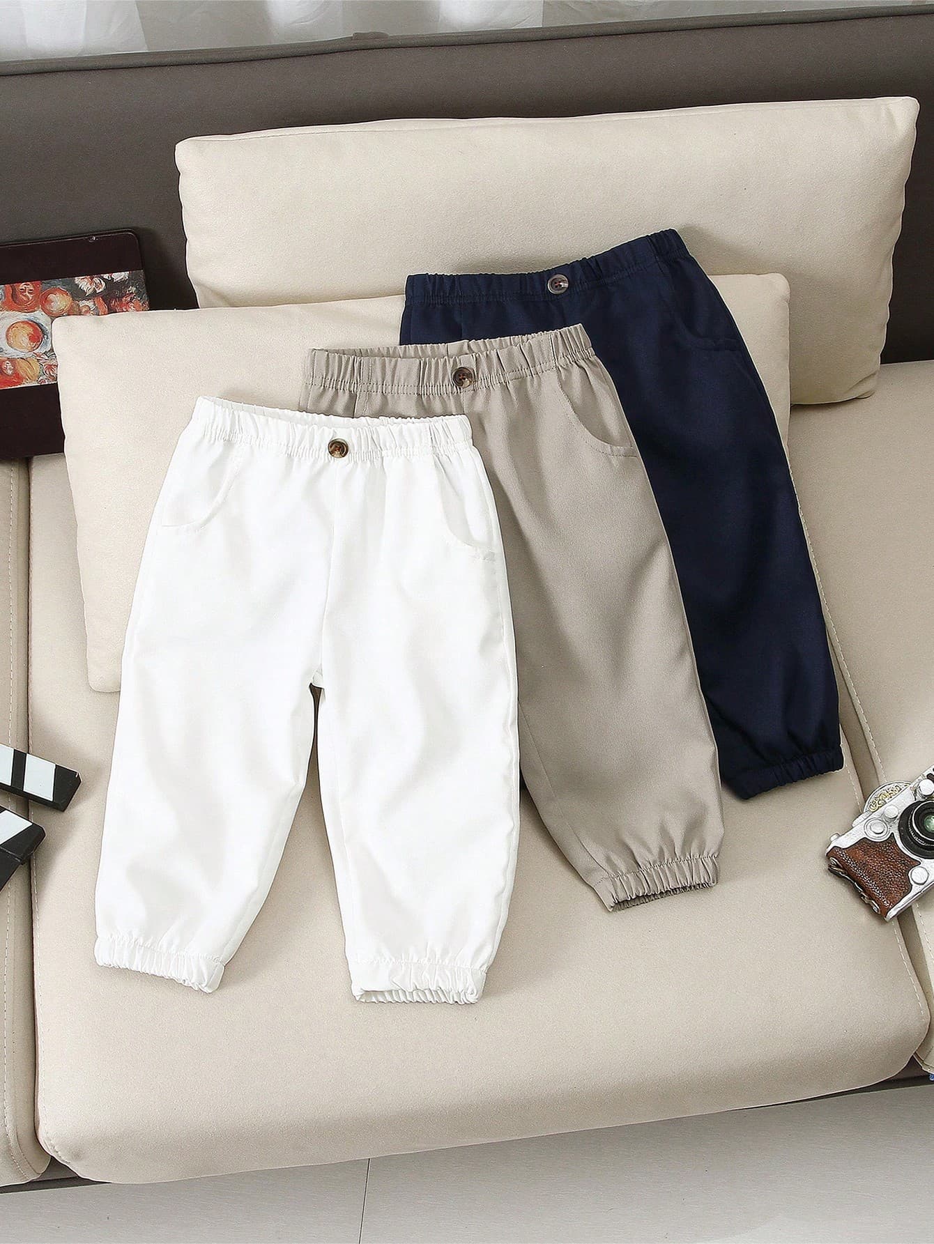 Souflis Souflis 3pcs/Set Toddler Infant Baby Boys Casual Pocket Elastic Waist Pants Button Decor All-Match Style Back-To-School Trousers For Spring Autumn Fall Travel
