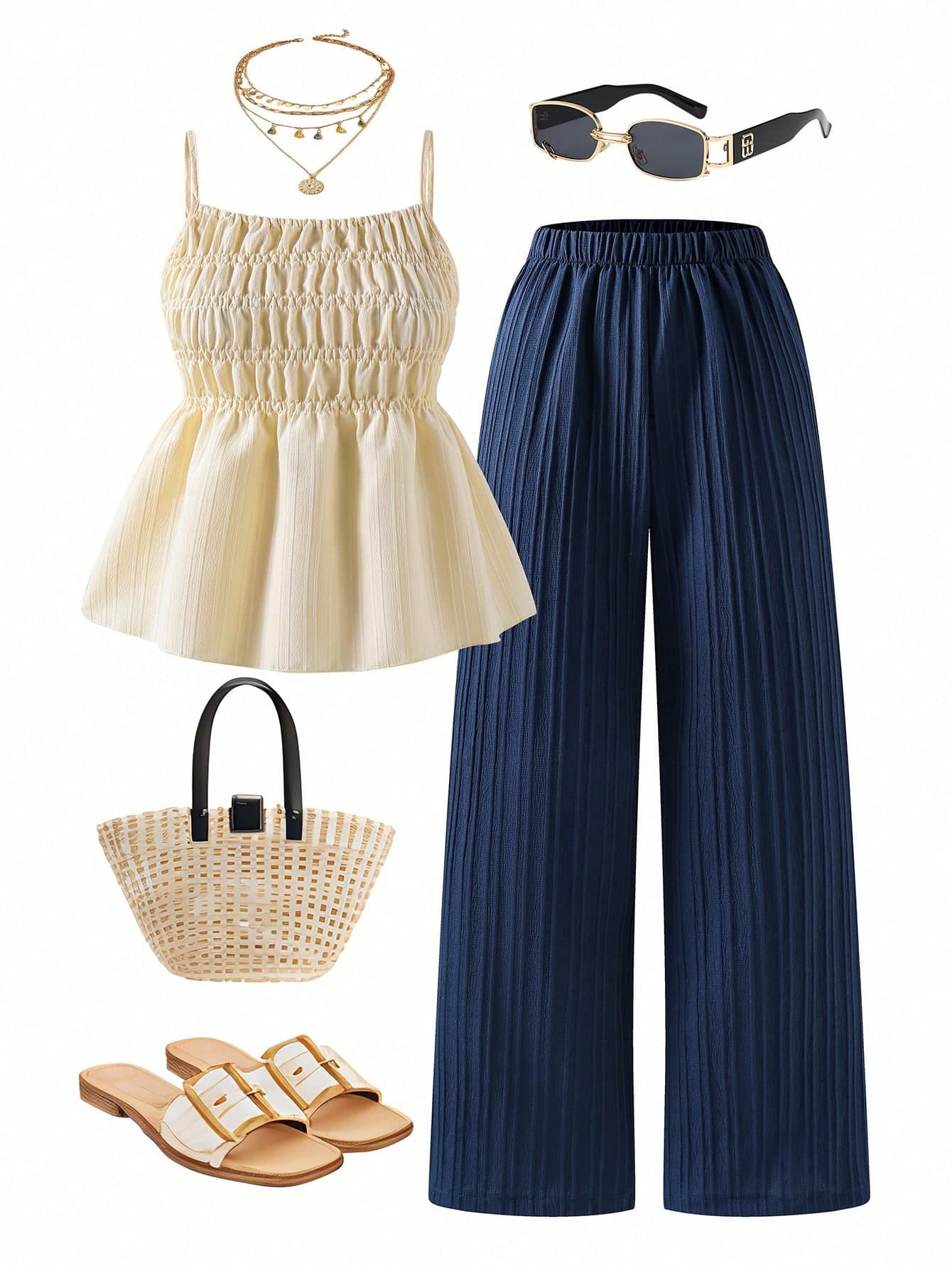Sparklyn 2pcs/Set Teen GirlCasual Outfit, Includes Camisole Top And Wide Leg Pants, Woven Fabric, Elastic Waist, Summer