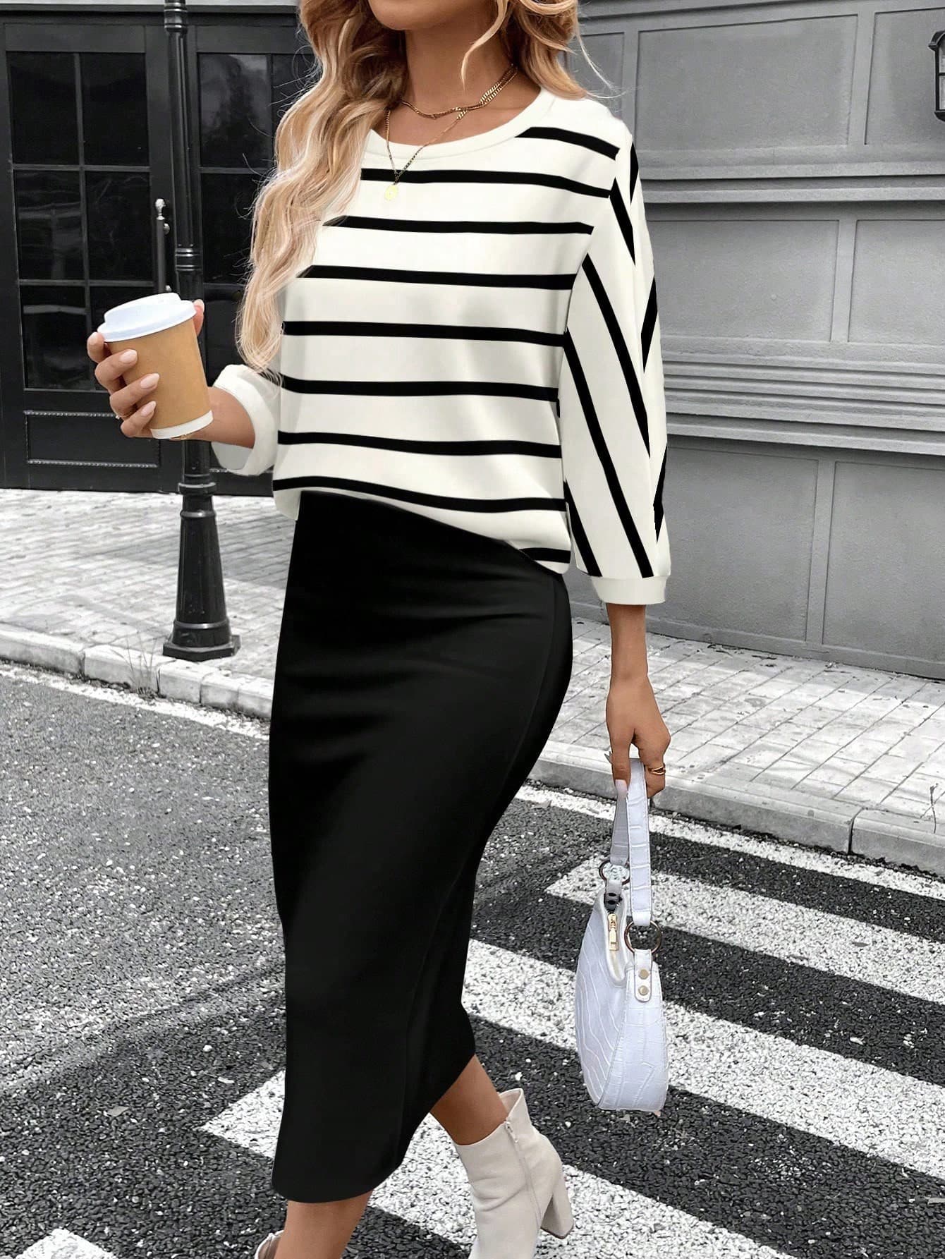 SHEIN LUNE Women's Casual Colorblock Striped 2 Pieces Set, Suitable For Autumn/Winter,Fall