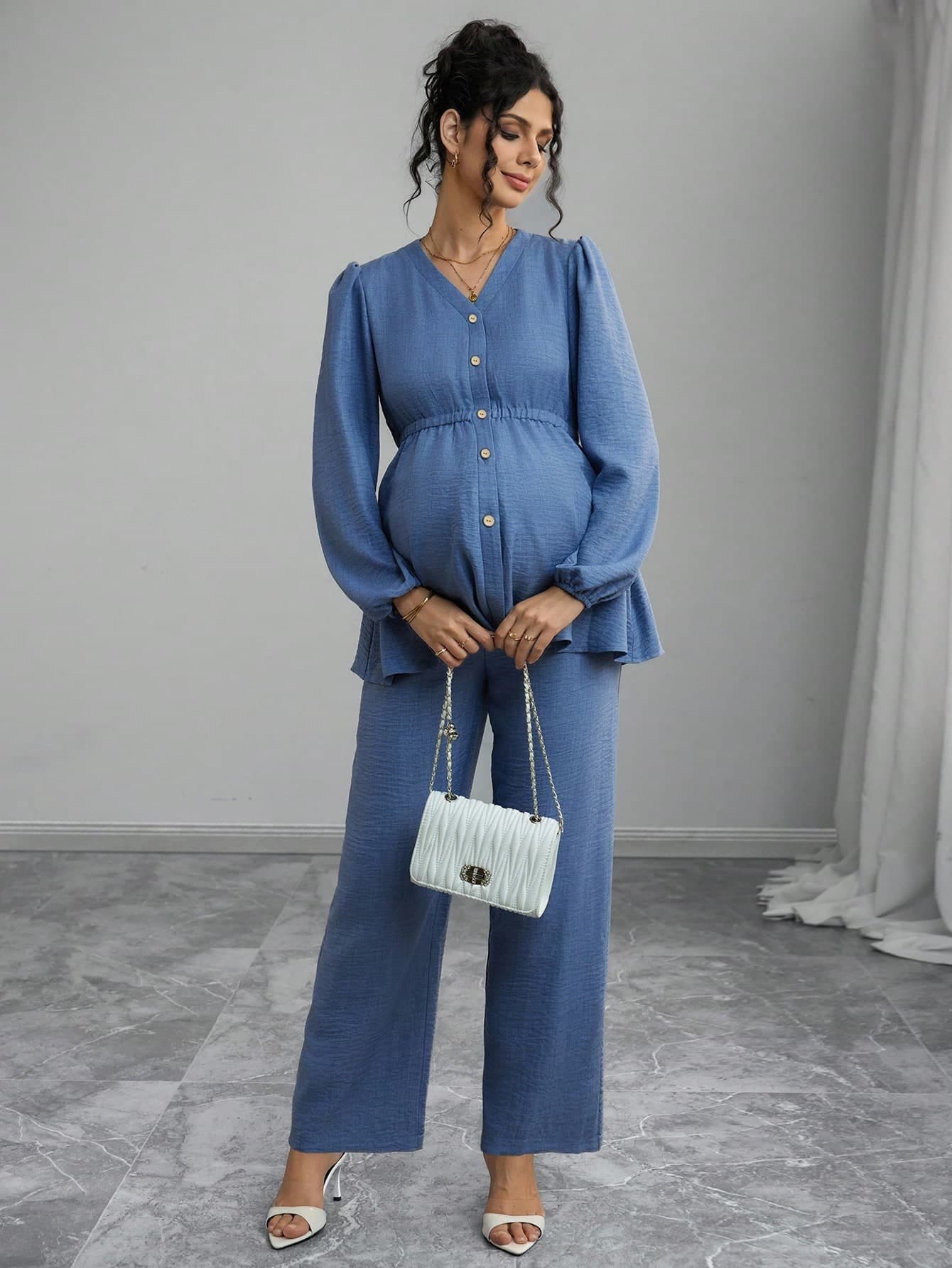 Momance 2pcs Maternity Set: Long Sleeve Shirred Button Front Cardigan With Shirred Waist Design, Loose Fit Maternity Pants Maternity Photoshoot Baby Blue Fall