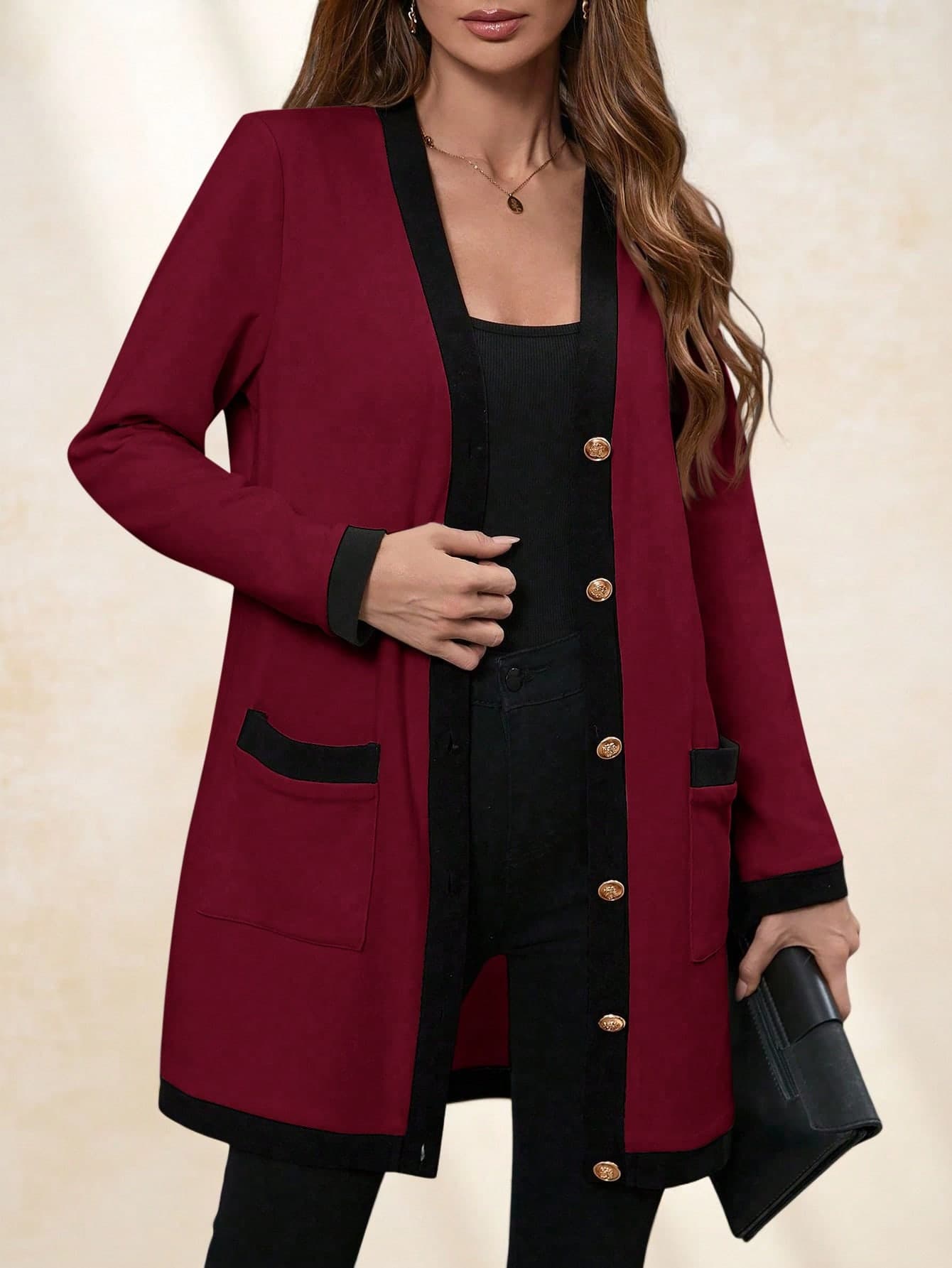 SHEIN Clasi Plus Size Women Elegant Metal Button Closure Long Warm Cardigan,Black & White,Autumn,Ladies Windbreaker,Business Casual,Formal,Dinner,Evening,Winter
