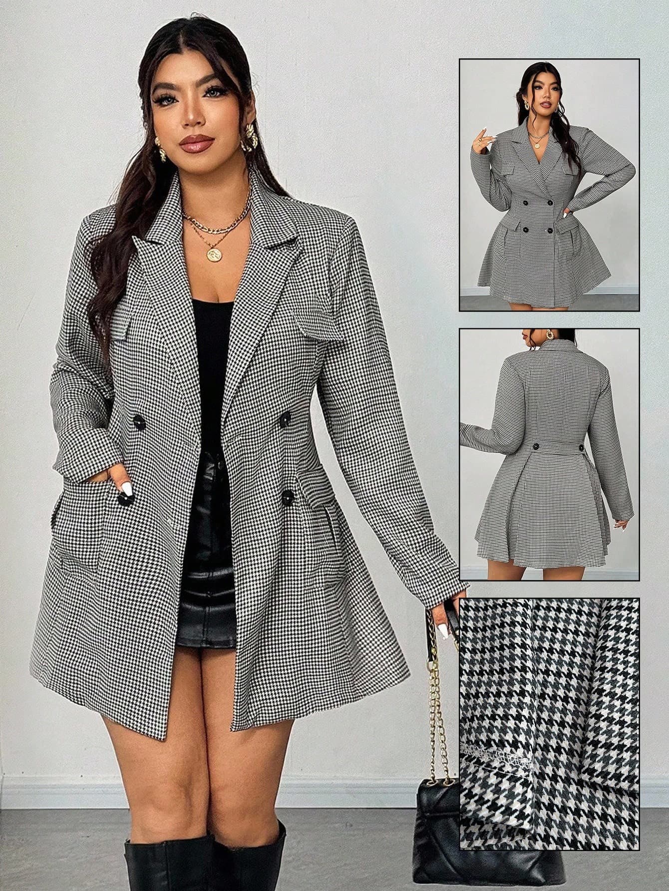 Elenzga Plus Size Women's Fashion Plaid Print Lapel NeckDouble-Breasted Jacket Fall Winter Cloth For Women Autumn