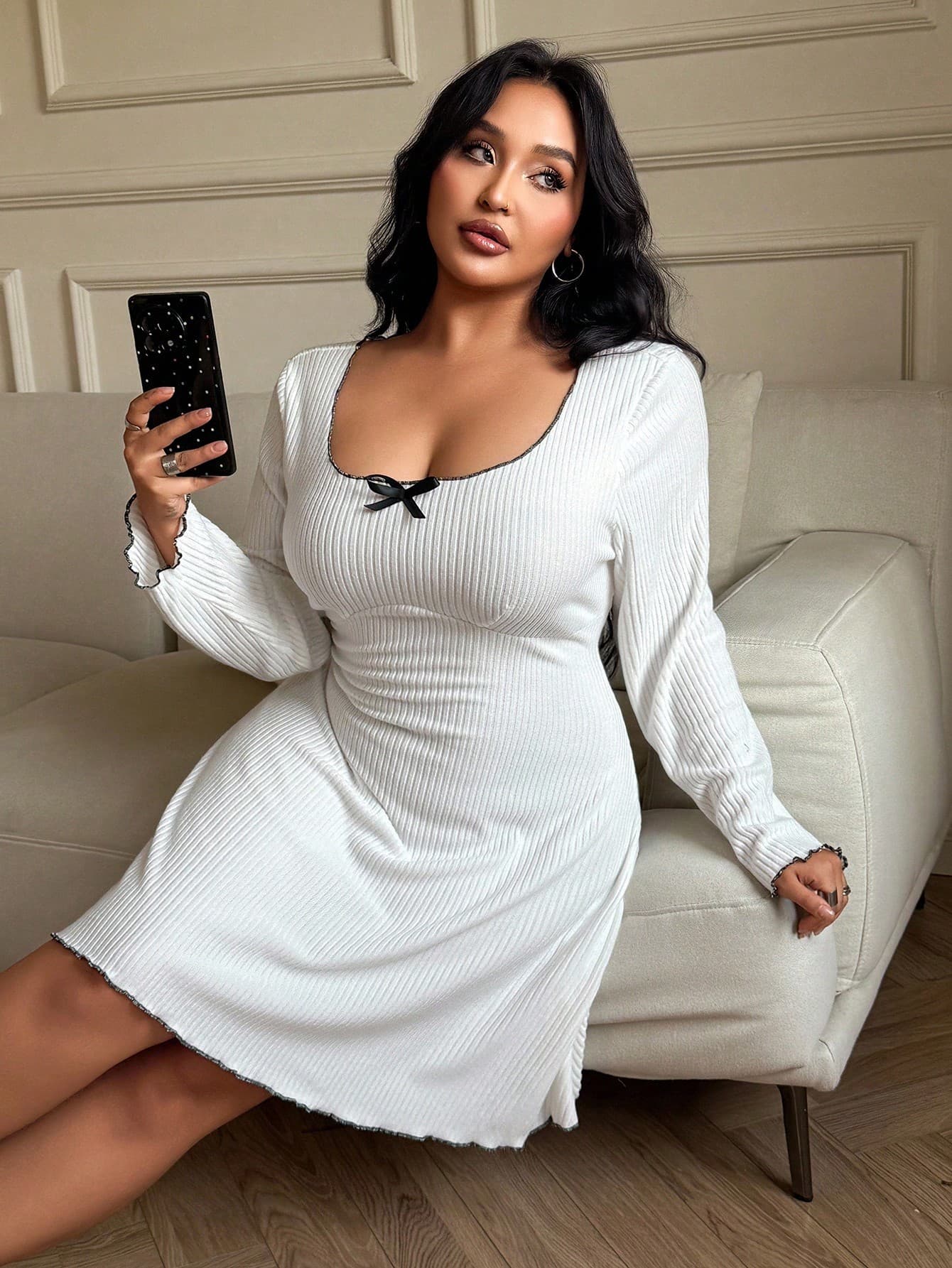 Napfluff CURVE Napfluff CURVE Plus Size Ribbed Bow Decor Casual Long Sleeve Nightgown, Fall & Winter, Cozy Outfit