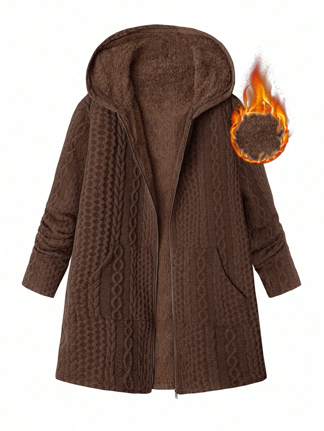 SHEIN Clasi Plus Size Women Textured Long Sleeve Zip-Up Hooded Casual Jacket, Autumn/Winter Fall