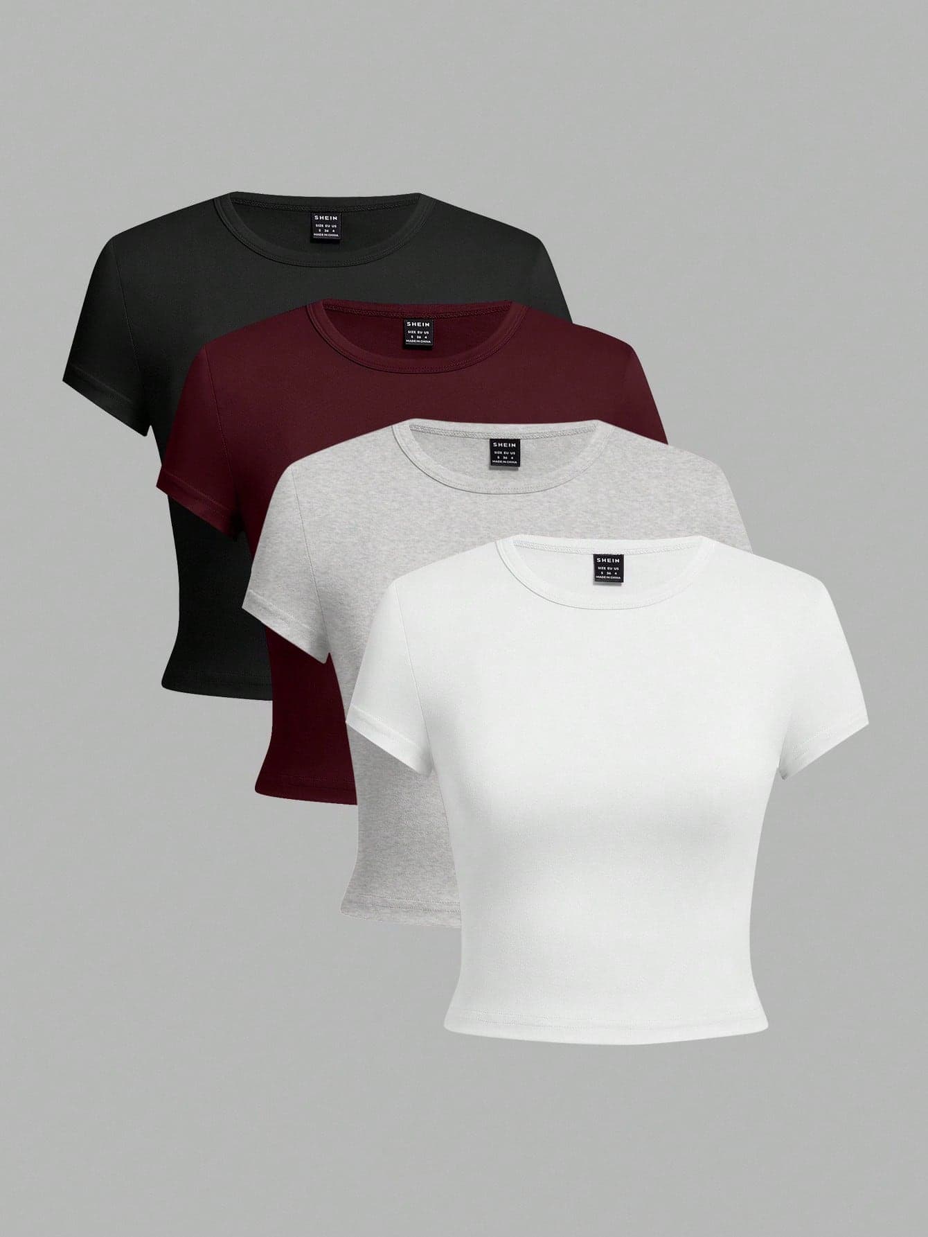 SHEIN EZwear 4pcs/Set Black, Wine Red, Gray, White Casual Round Neck Short Sleeve Fitted Women T-Shirts, Suitable For Summer