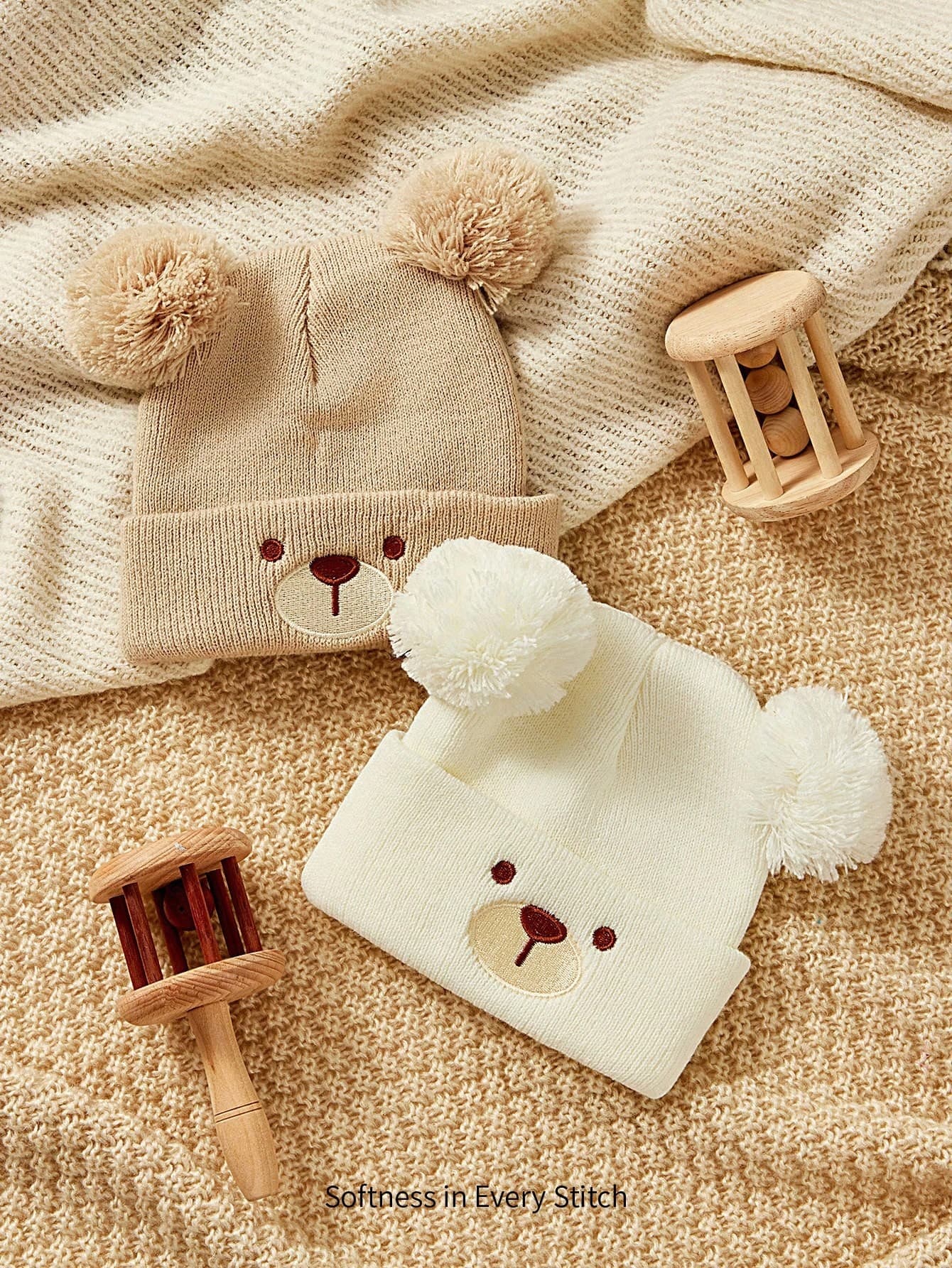 Cozy Pixies 2pcs Baby Hats With Cute Bear Expression Pattern, Knitted Thick Warm Hats Suitable For Outdoor