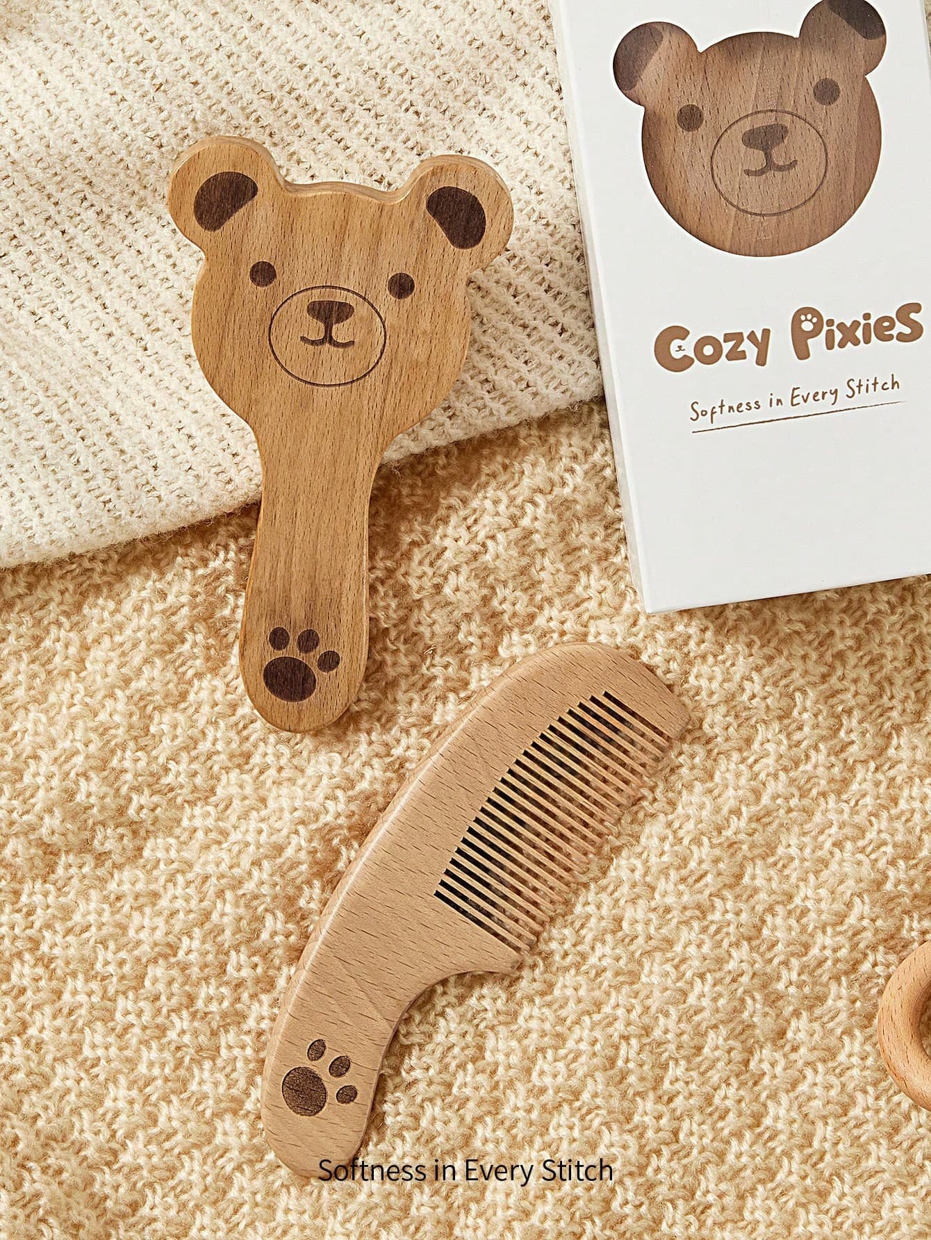 Cozy Pixies 2 Pieces Set Of Baby Care Tools, Wool Bear Wooden Comb Brush, Gift Box Set, Newborn Comb Brush.