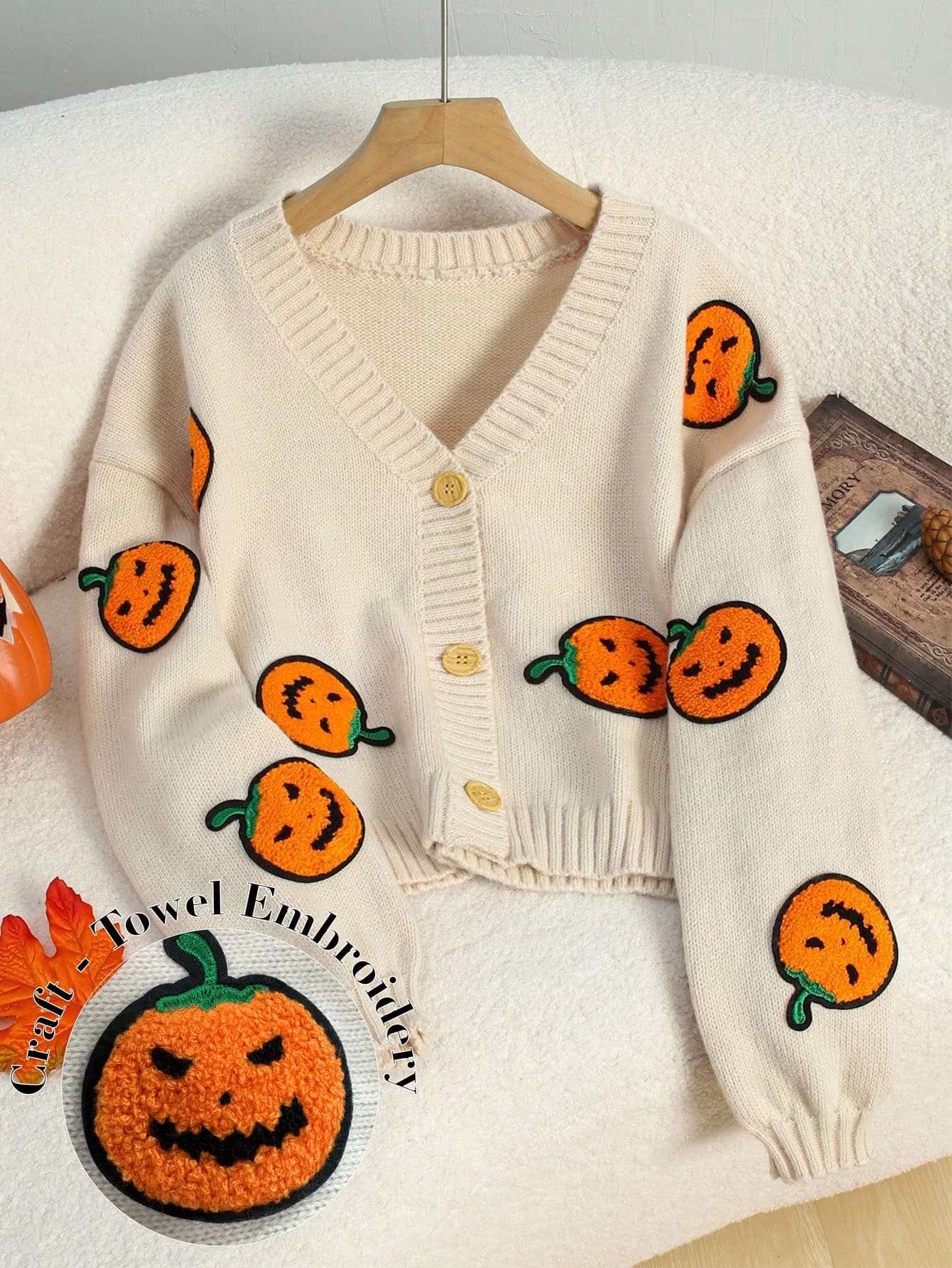 Franclia Halloween Women's Pumpkin Pattern Long Sleeve Single-Breasted Holiday Atmosphere Knitted Cardigan Fall Winter Cloth For Women